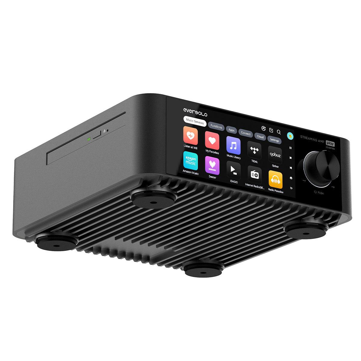 Un dispositivo de audio Hi-Fi gris con pantalla táctil que muestra servicios de música.