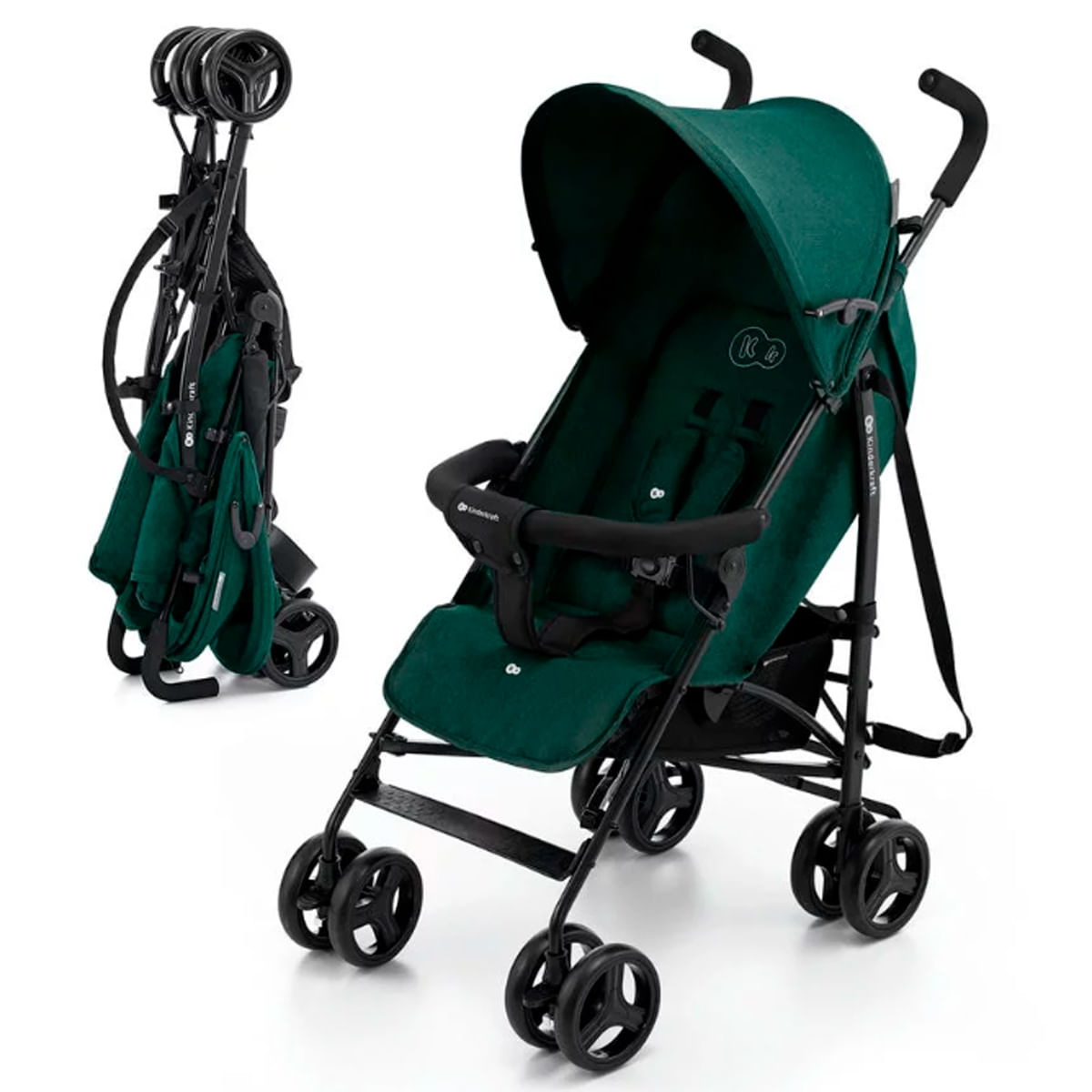 Ein dunkelgrüner Kinderwagen, aufrecht und zusammengeklappt, vor weißem Hintergrund.