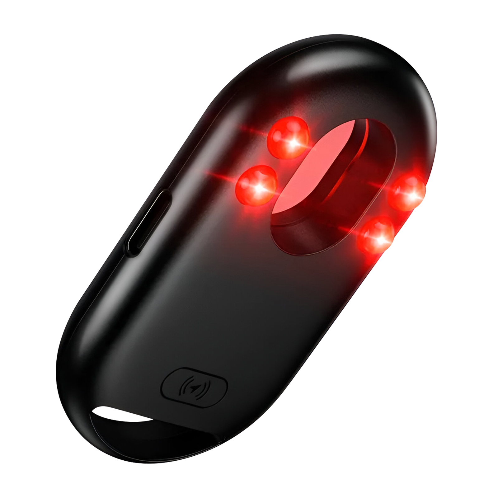 Dispositivo nero con luci rosse e un ritaglio circolare.