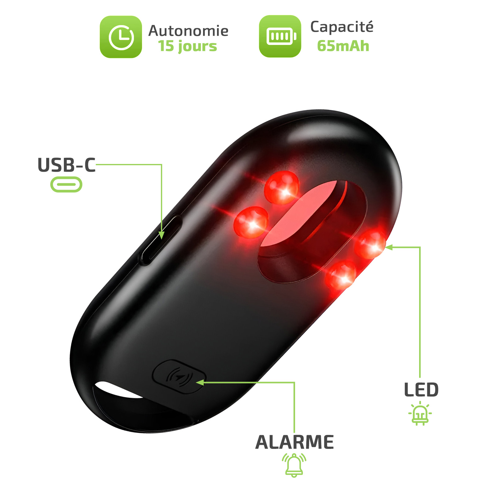 Dispositivo nero con LED rossi, USB-C, funzione allarme, autonomia 15 giorni.