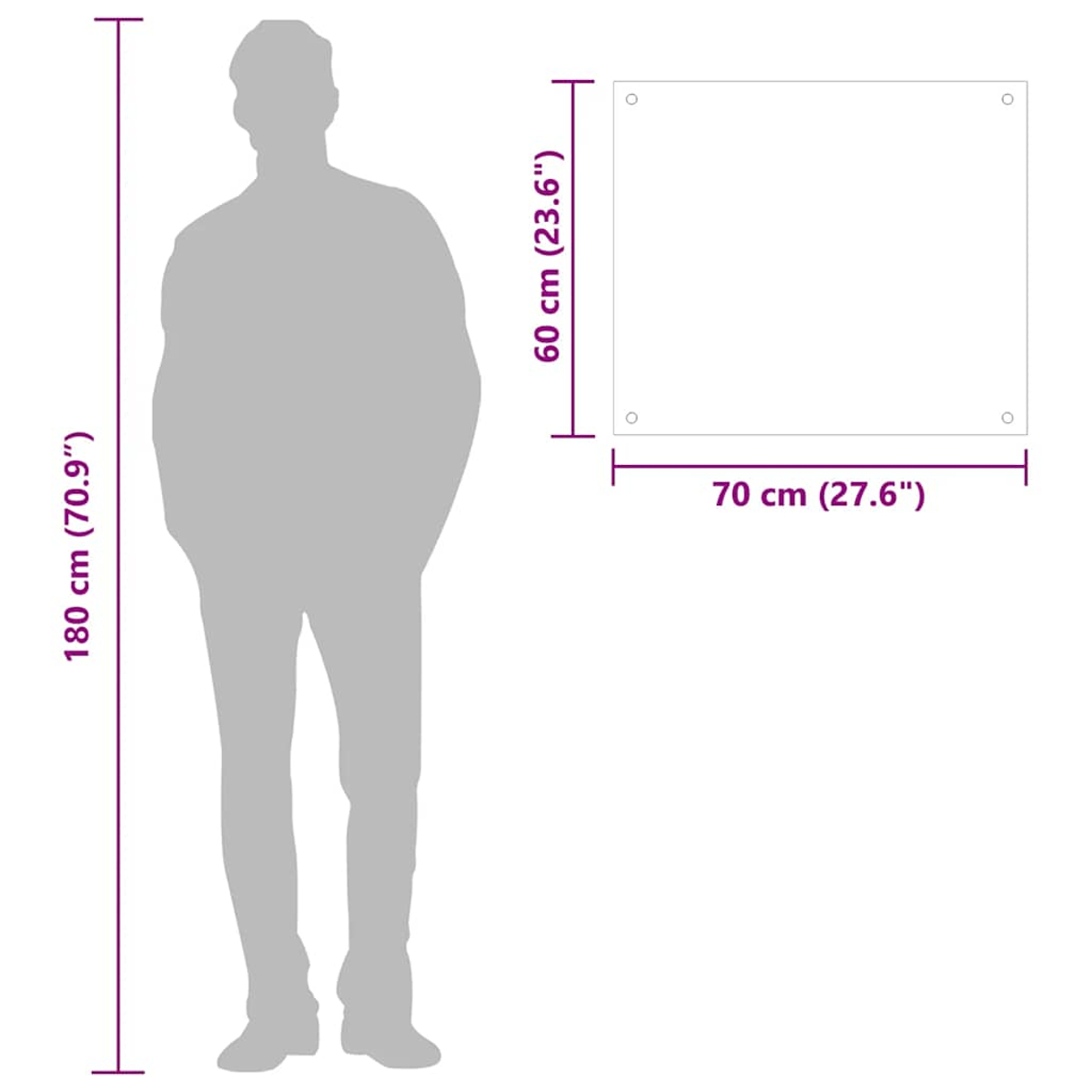 Diagrama que muestra una figura de 180 cm junto a un panel de 70x60 cm.