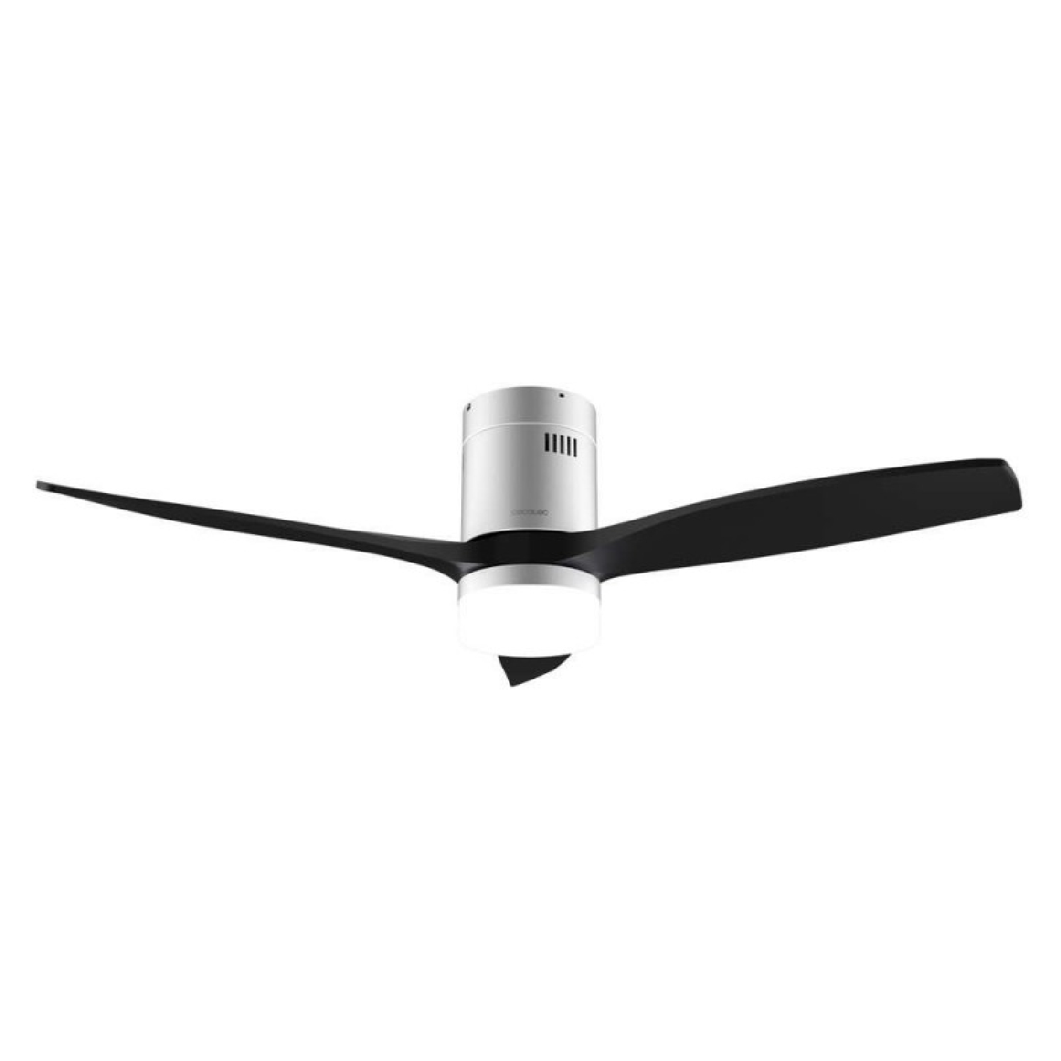 Ventilatore da soffitto moderno con tre pale nere e luce integrata.