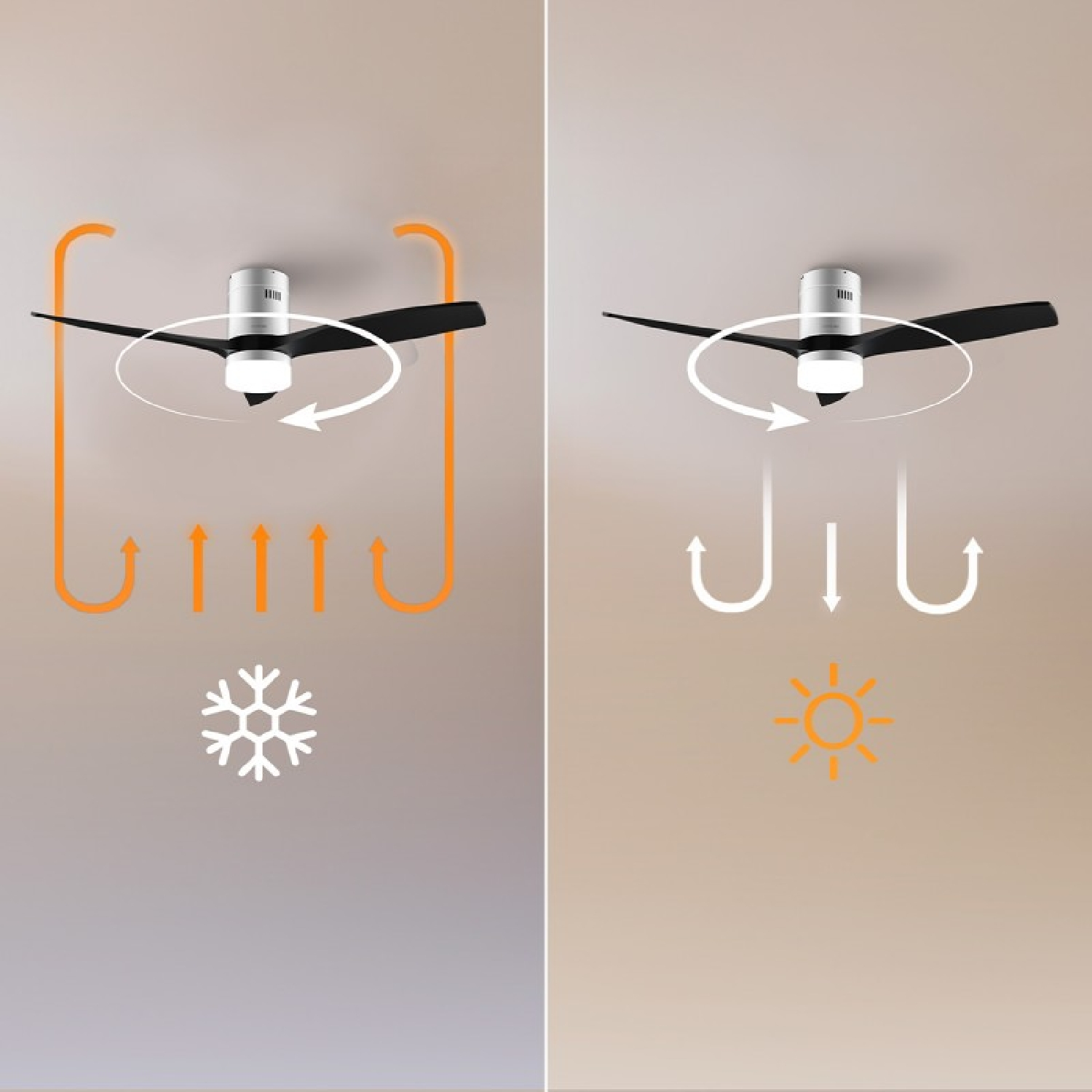Ventilatore da soffitto con due modalità: raffreddamento (sinistra) e riscaldamento (destra).