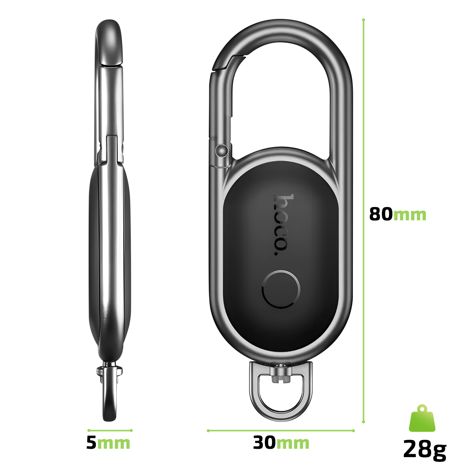Ein silberner Karabiner mit schwarzem Anhänger. Maße: 80x30x5mm, 28g.