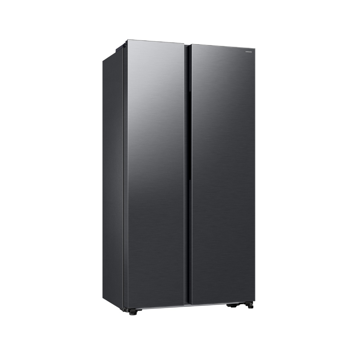 Ein schwarzer Side-by-Side-Kühlschrank mit gebürsteter Metalloberfläche.