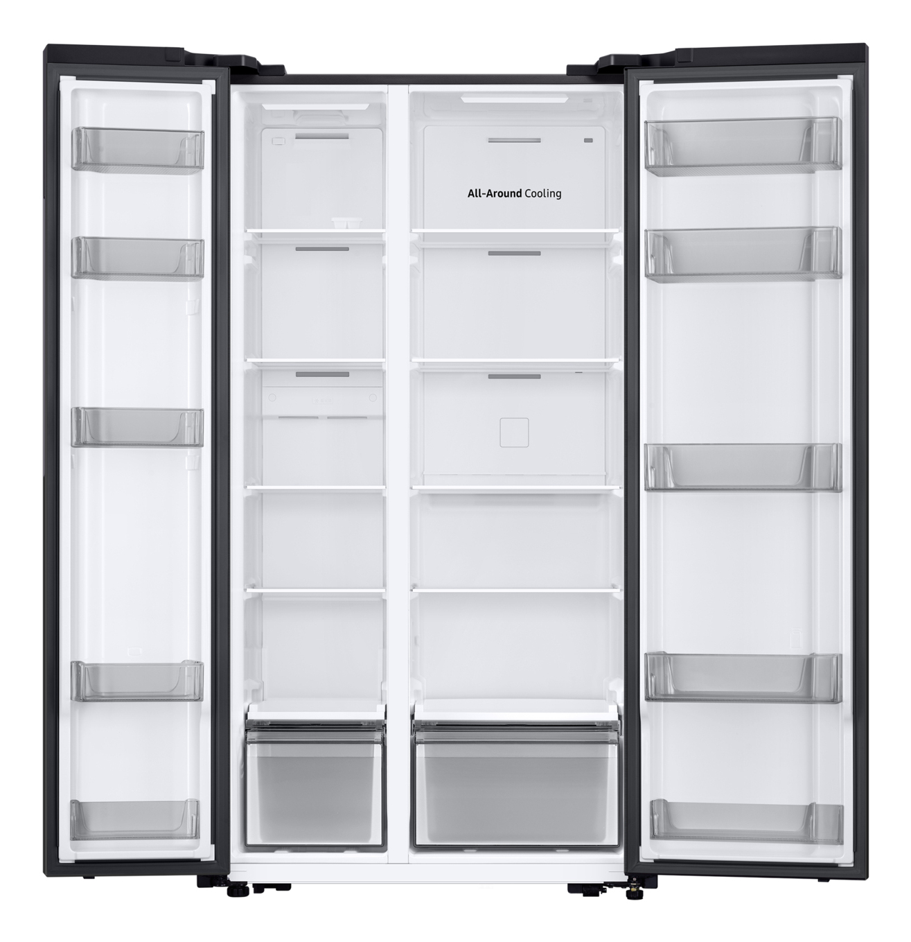 Ein leerer Side-by-Side-Kühlschrank mit schwarzen Türen und transparenten Ablagen.
