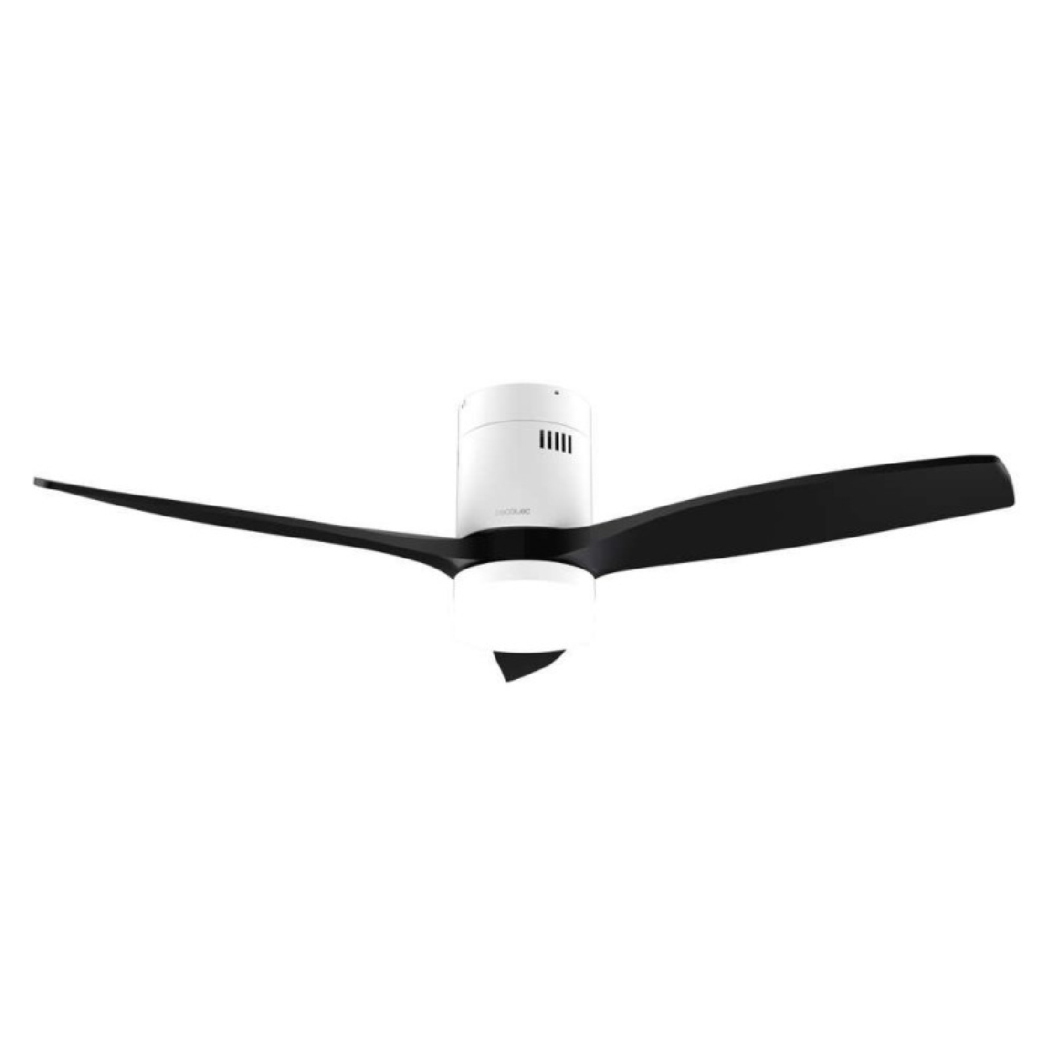 Un moderno ventilatore da soffitto bianco con tre pale nere e luce integrata.