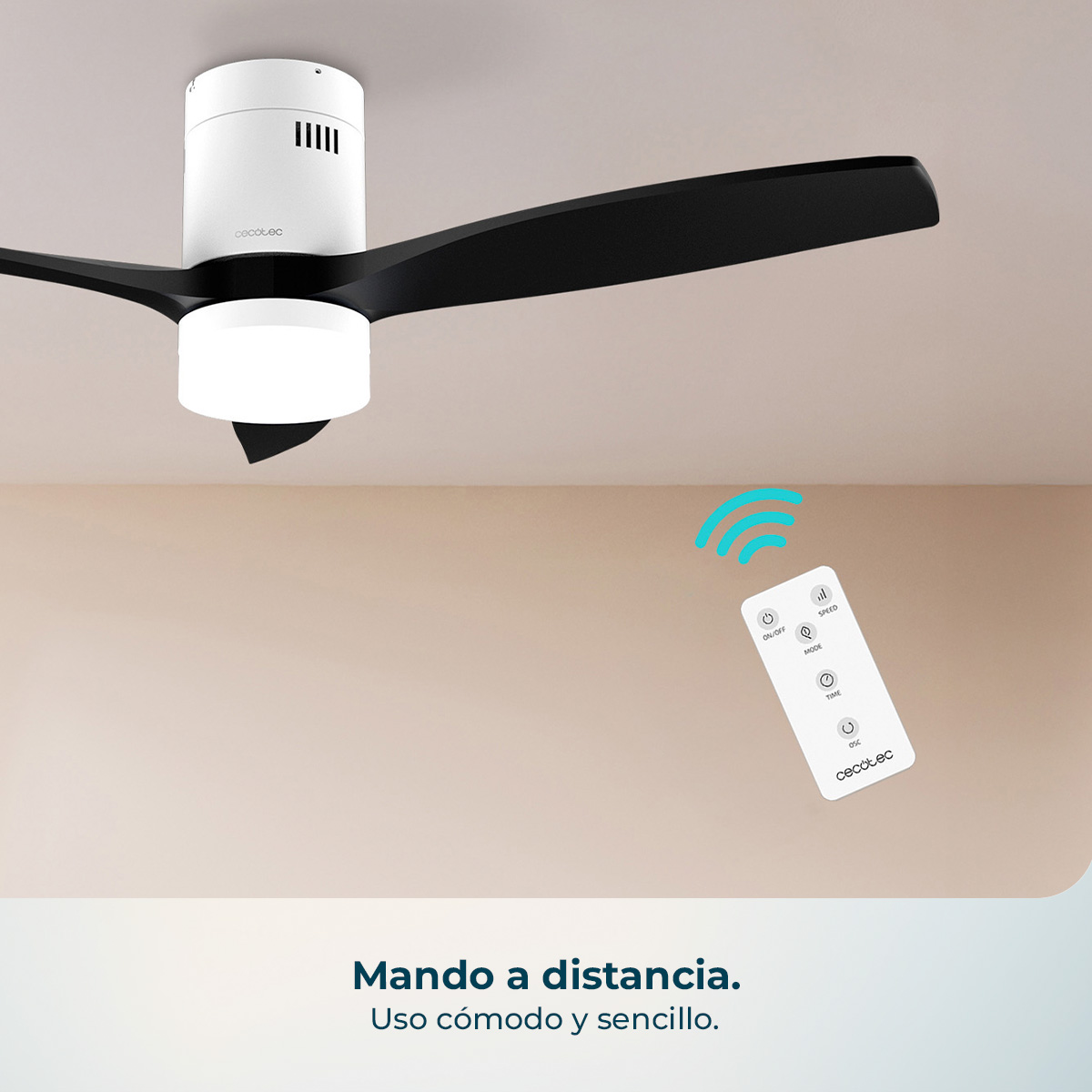Un telecomando bianco per ventilatore da soffitto con onde blu accanto.