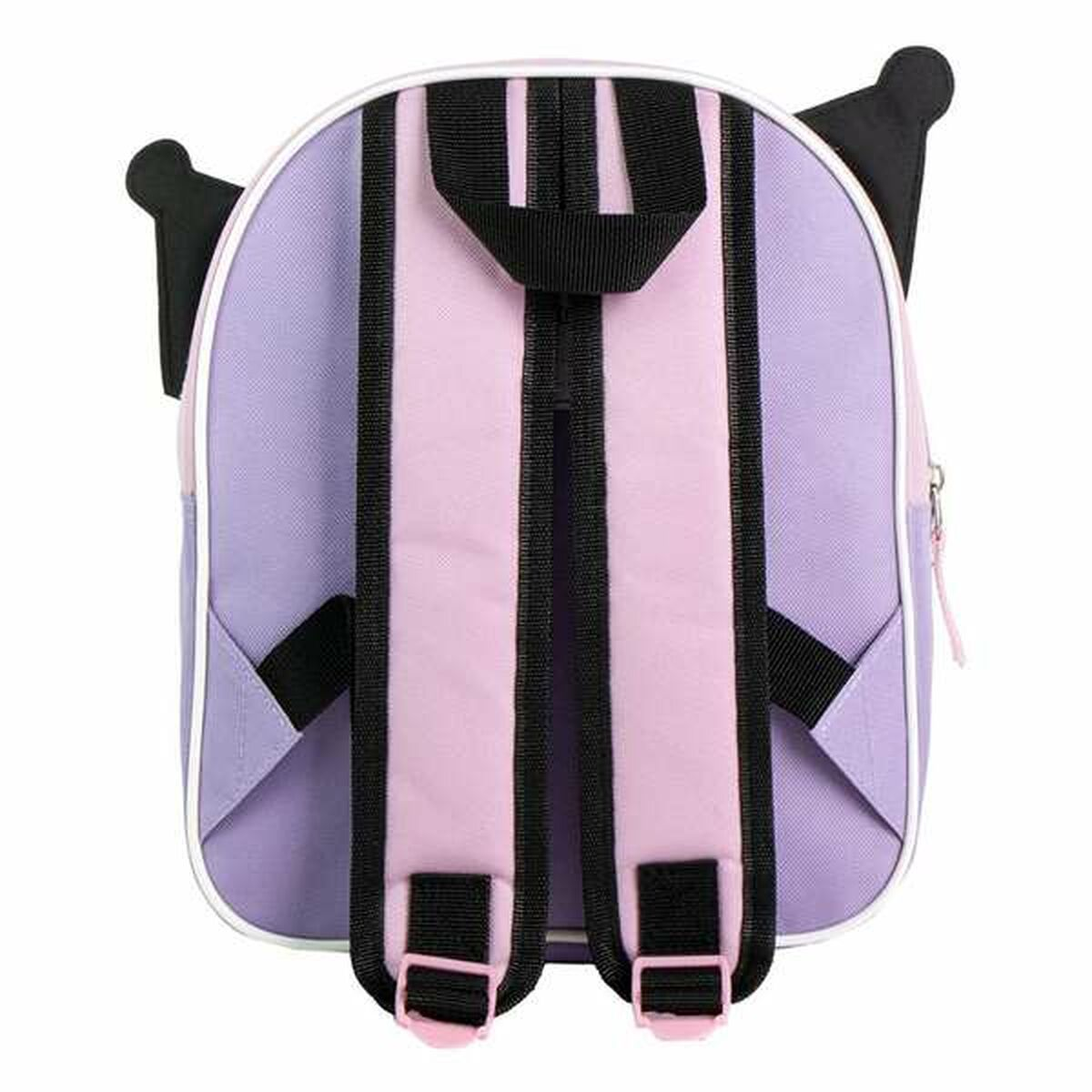 Mochila morada con rayas rosas y orejas negras.
