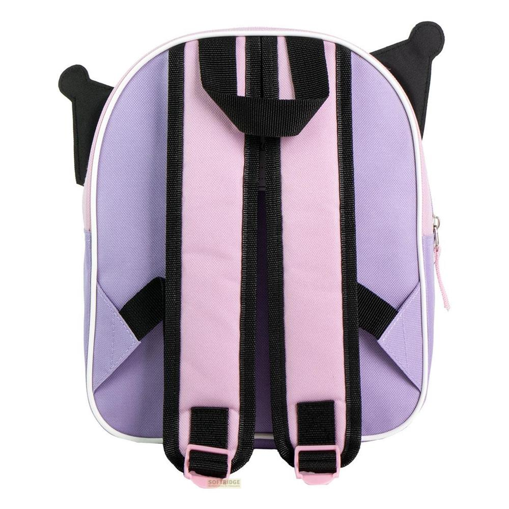 Mochila lila y rosa con orejas y correas negras.