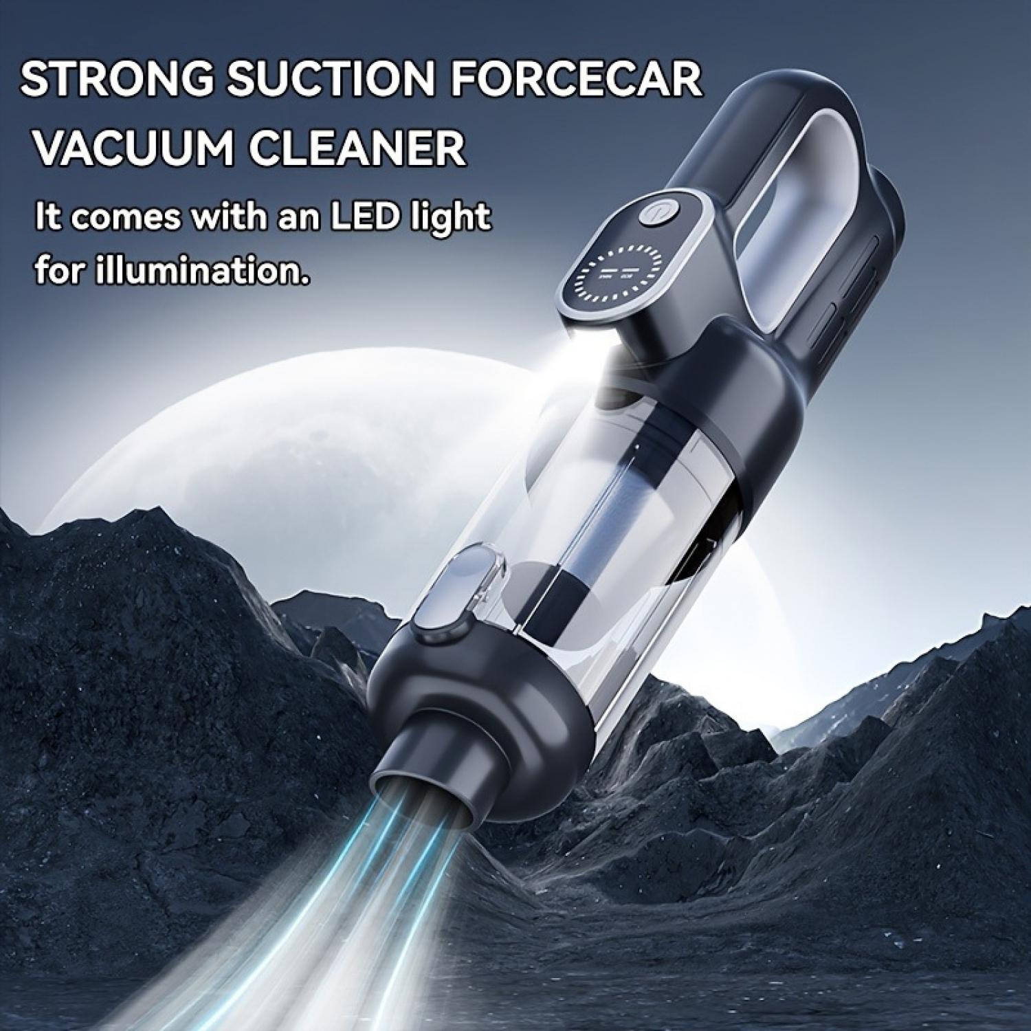 Schwarzer Handstaubsauger mit LED-Licht saugt auf felsigem Untergrund.