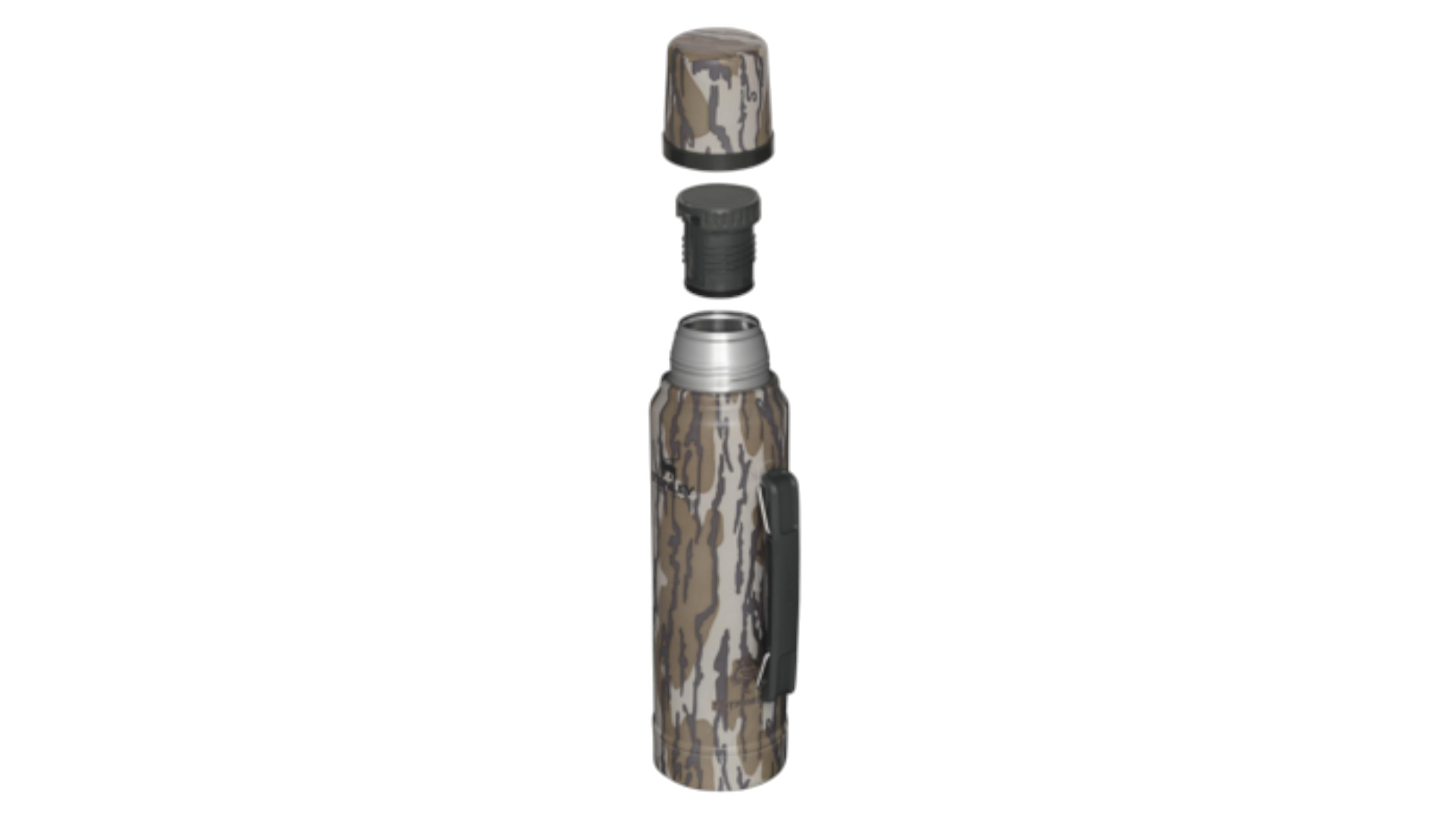 Thermos mimetico con manico, aperto con tappo e coperchio separati.