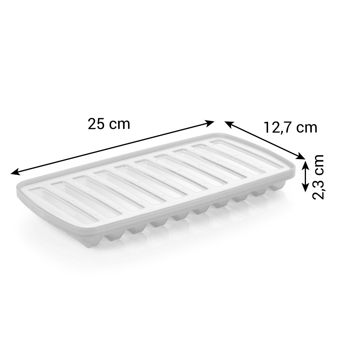 Grauer Eiswürfelbehälter mit Maßen 25x12,7x2,3 cm.