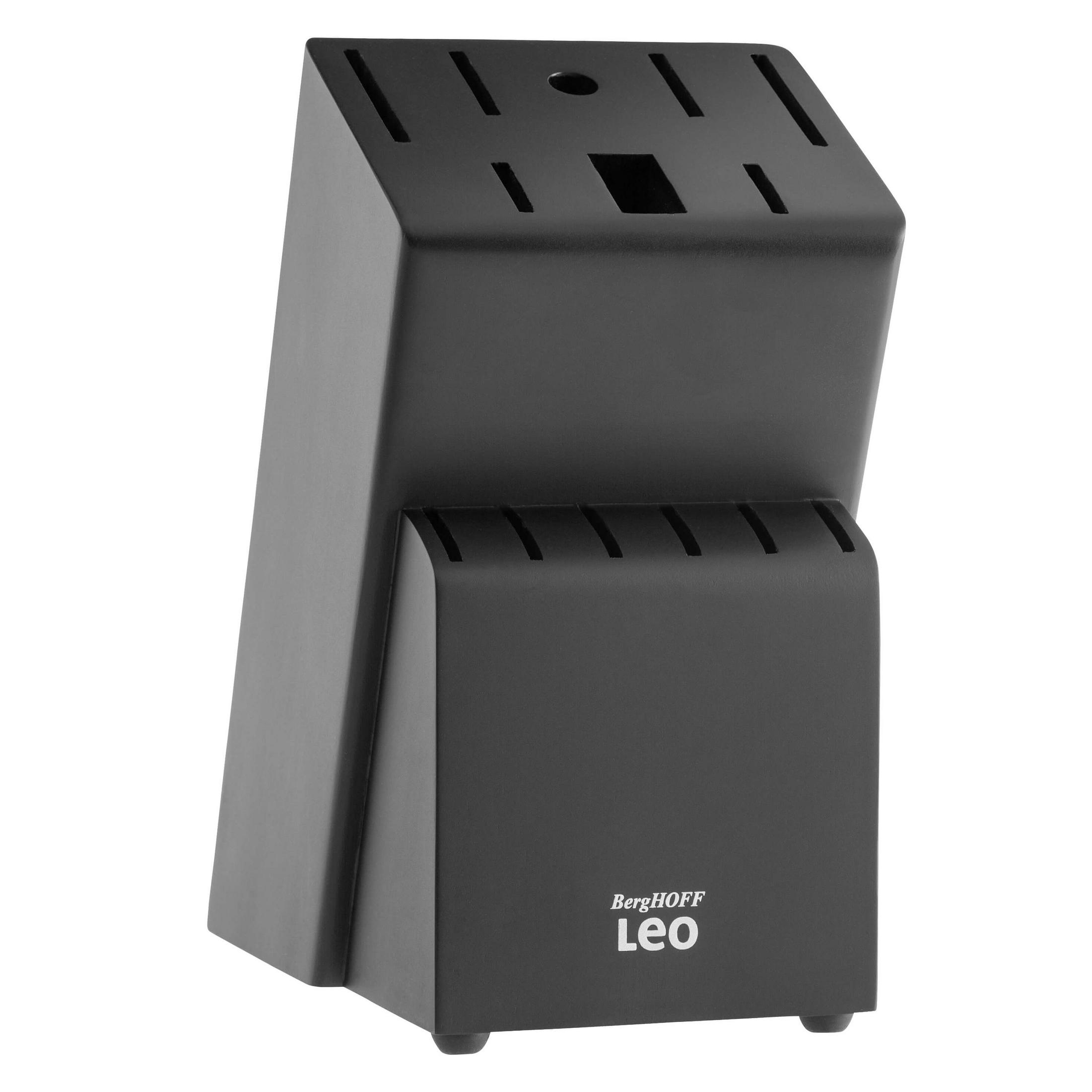 Black knife block with slots for knives and the BergHOFF Leo logo.