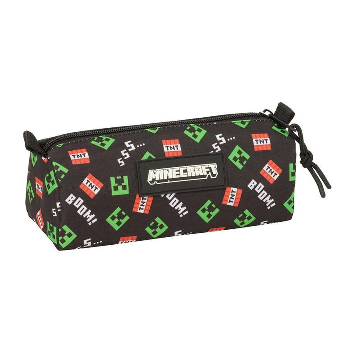 Ein schwarzes Minecraft-Etui mit TNT- und „BOOM!“-Grafiken.