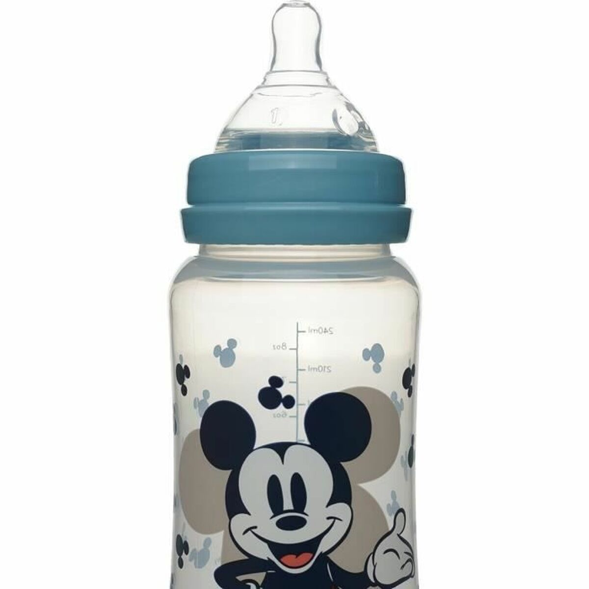Eine Babyflasche mit Mickey Maus Motiv und blauem Deckel.
