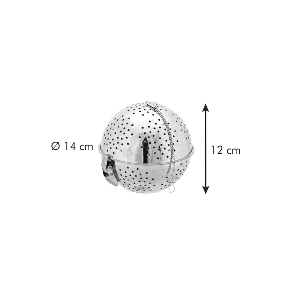 Silberne Teekugel mit Löchern, 14 cm Durchmesser, 12 cm Höhe.