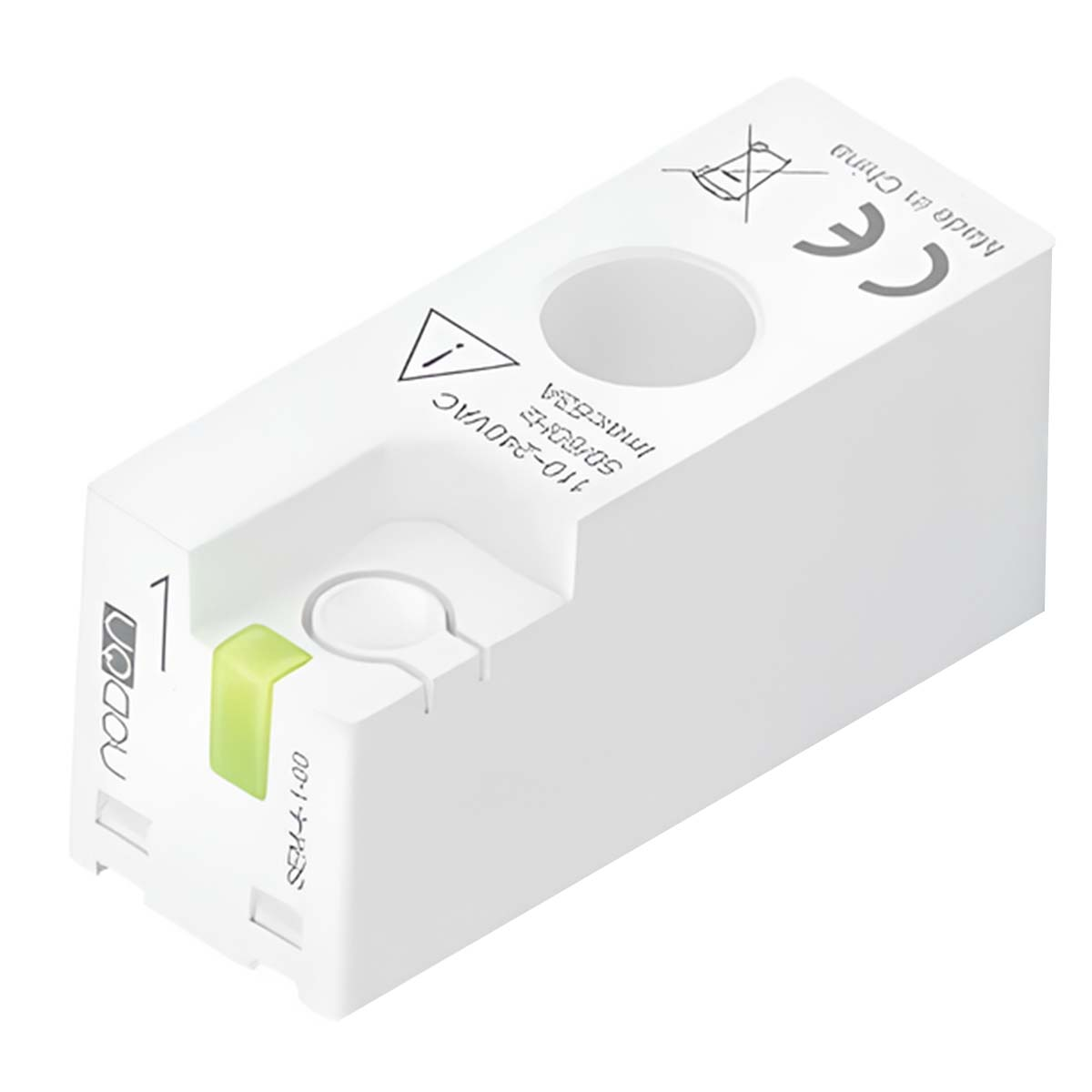 Un dispositivo elettronico bianco con interruttore verde ed etichette.