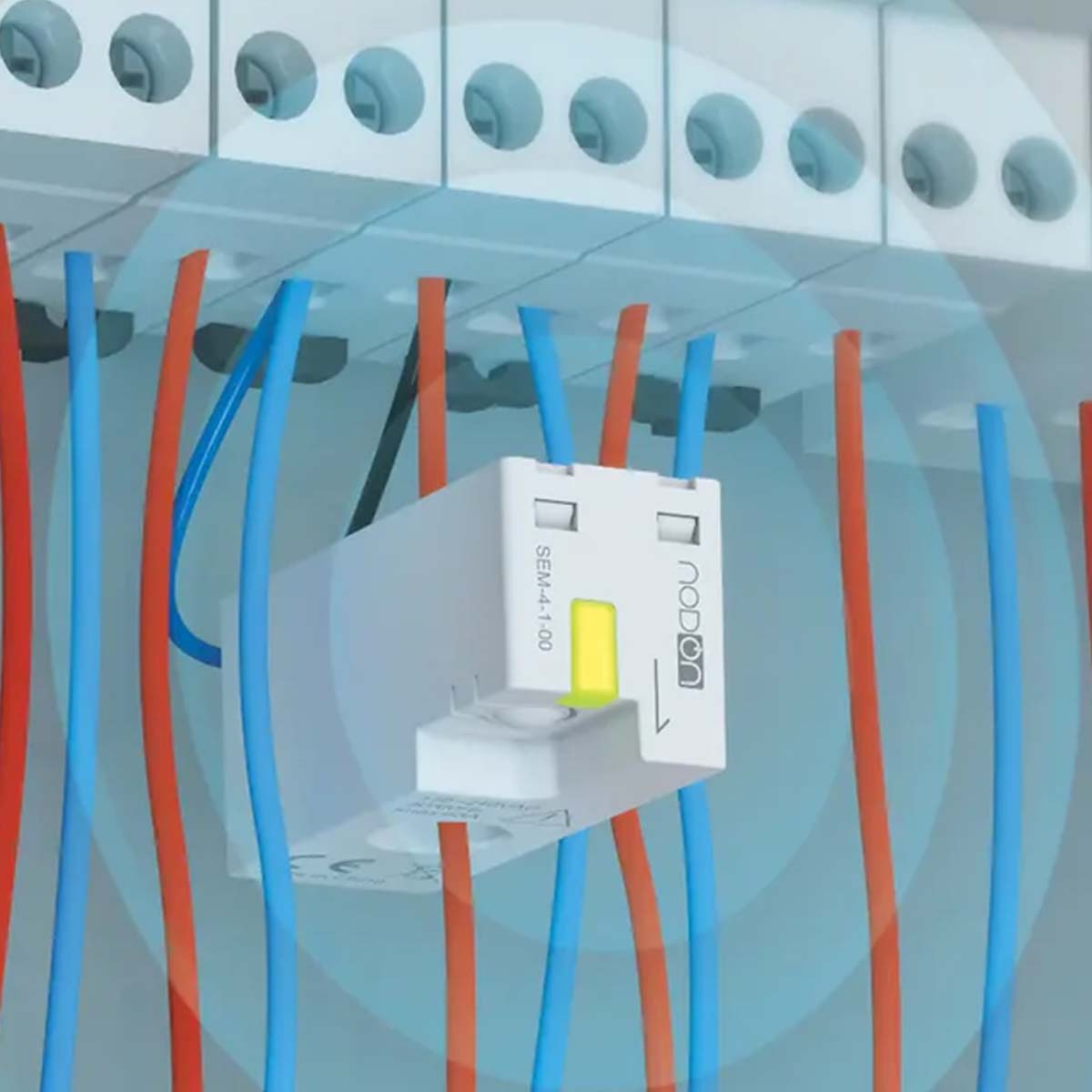 Modulo bianco con leva gialla, circondato da fili blu e arancioni.