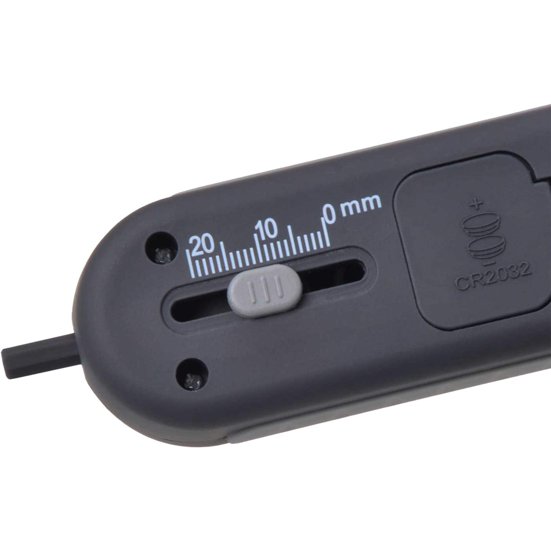 Schwarzes Messgerät mit Skala von 0-20 mm und Batteriefach für CR2032.