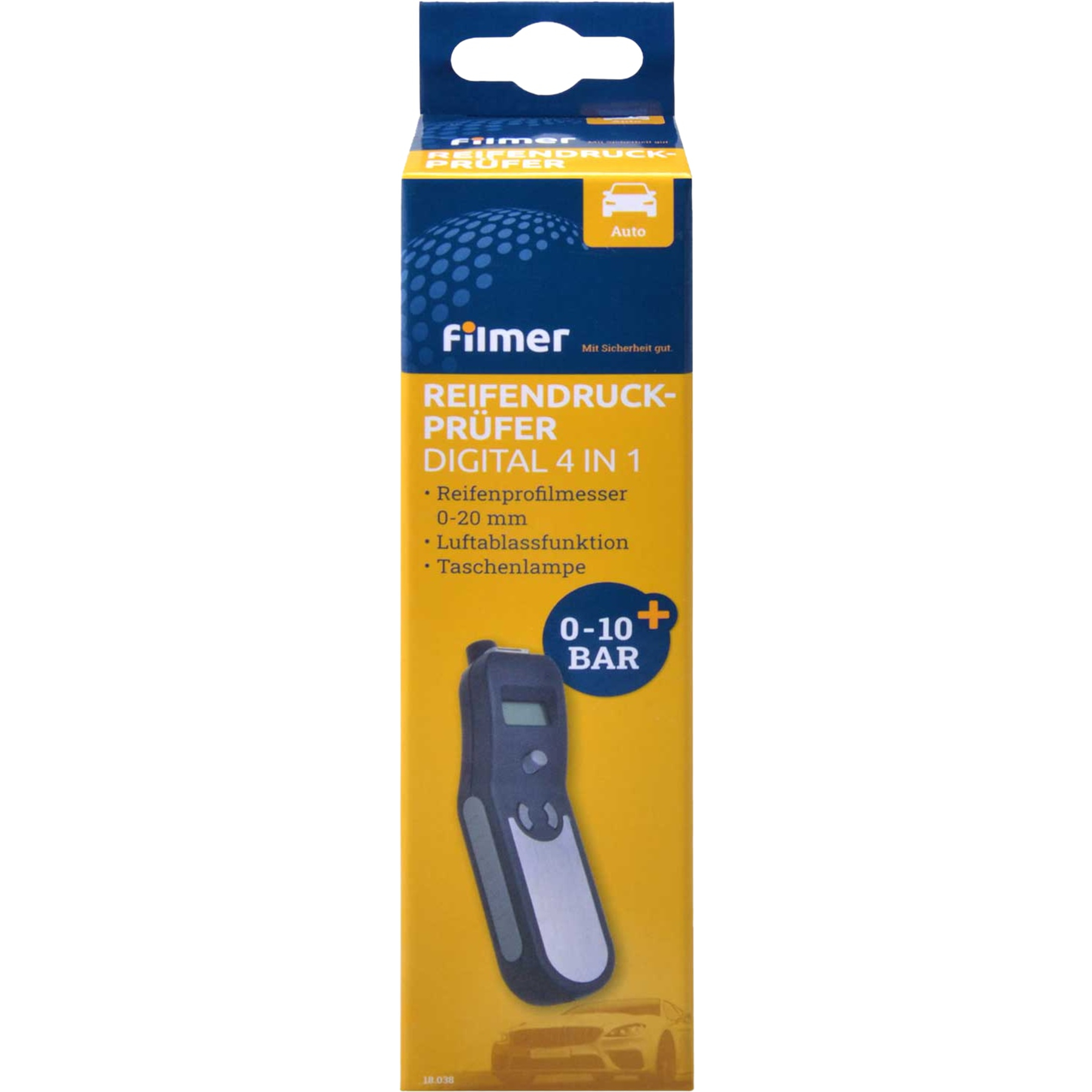 Verpackung eines digitalen 4-in-1-Reifendruckprüfers von Filmer mit Messgerät und Auto-Symbol.
