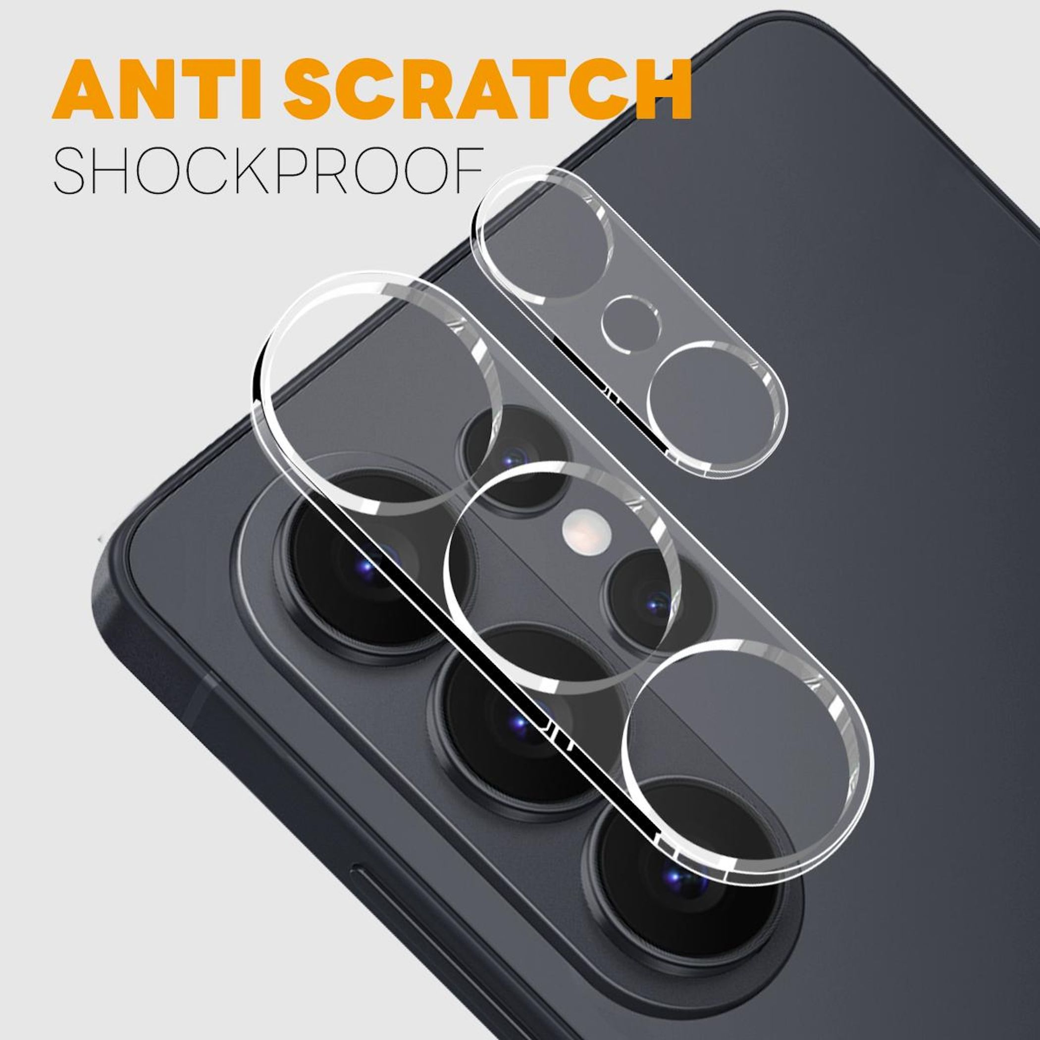 Klare Schutzfolien auf einer dunklen Handy-Kamera mit drei Objektiven.