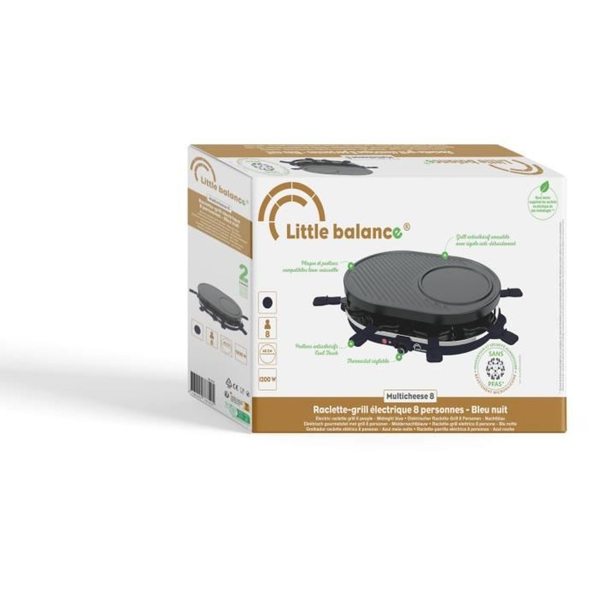 Packung eines blauen Raclette-Grills für 8 Personen von Little Balance.