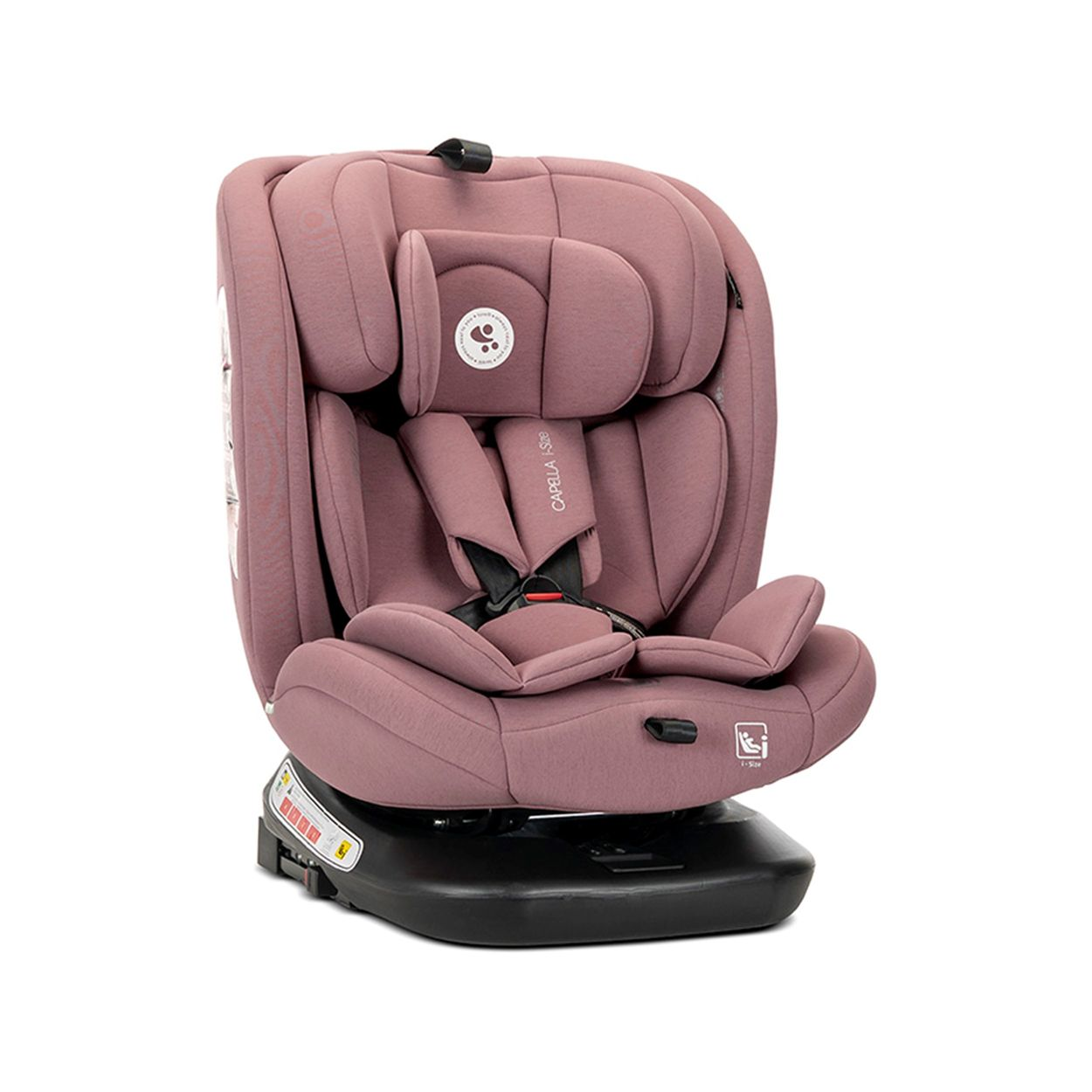 Ein rosafarbener Kindersitz mit schwarzem Sockel und Fünfpunktgurt.