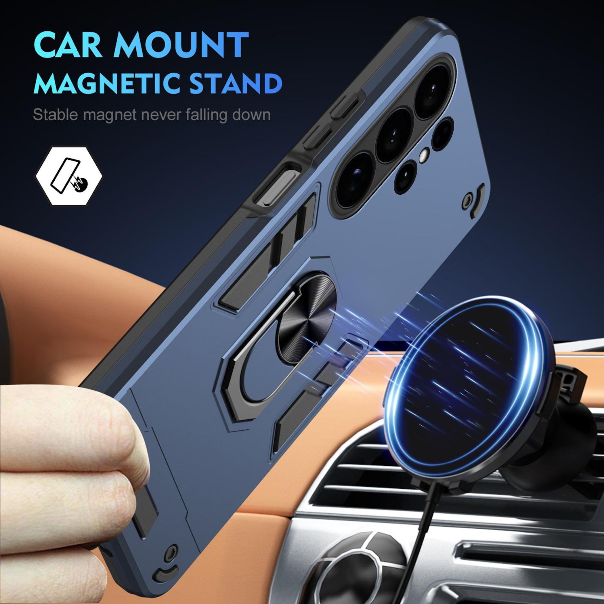 Blaues Handy mit Ringhalterung wird von einer Hand gehalten, neben einer Auto-Halterung.