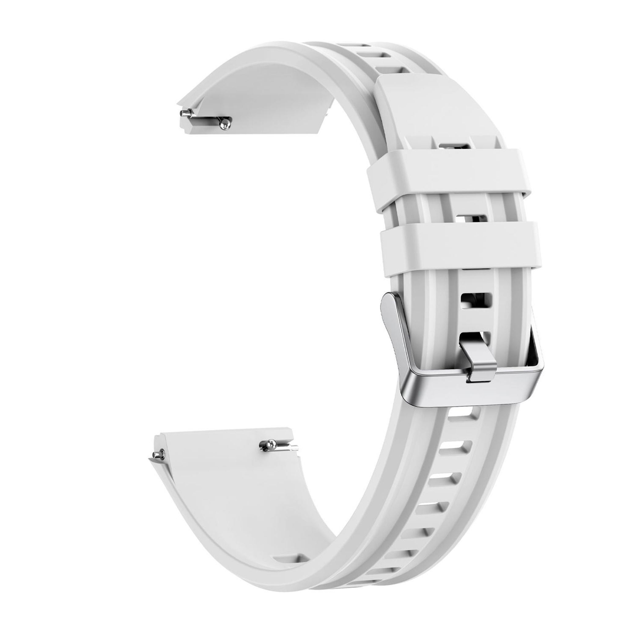 Ein weißes Silikon-Uhrenarmband mit Metallschnalle und Stiften.