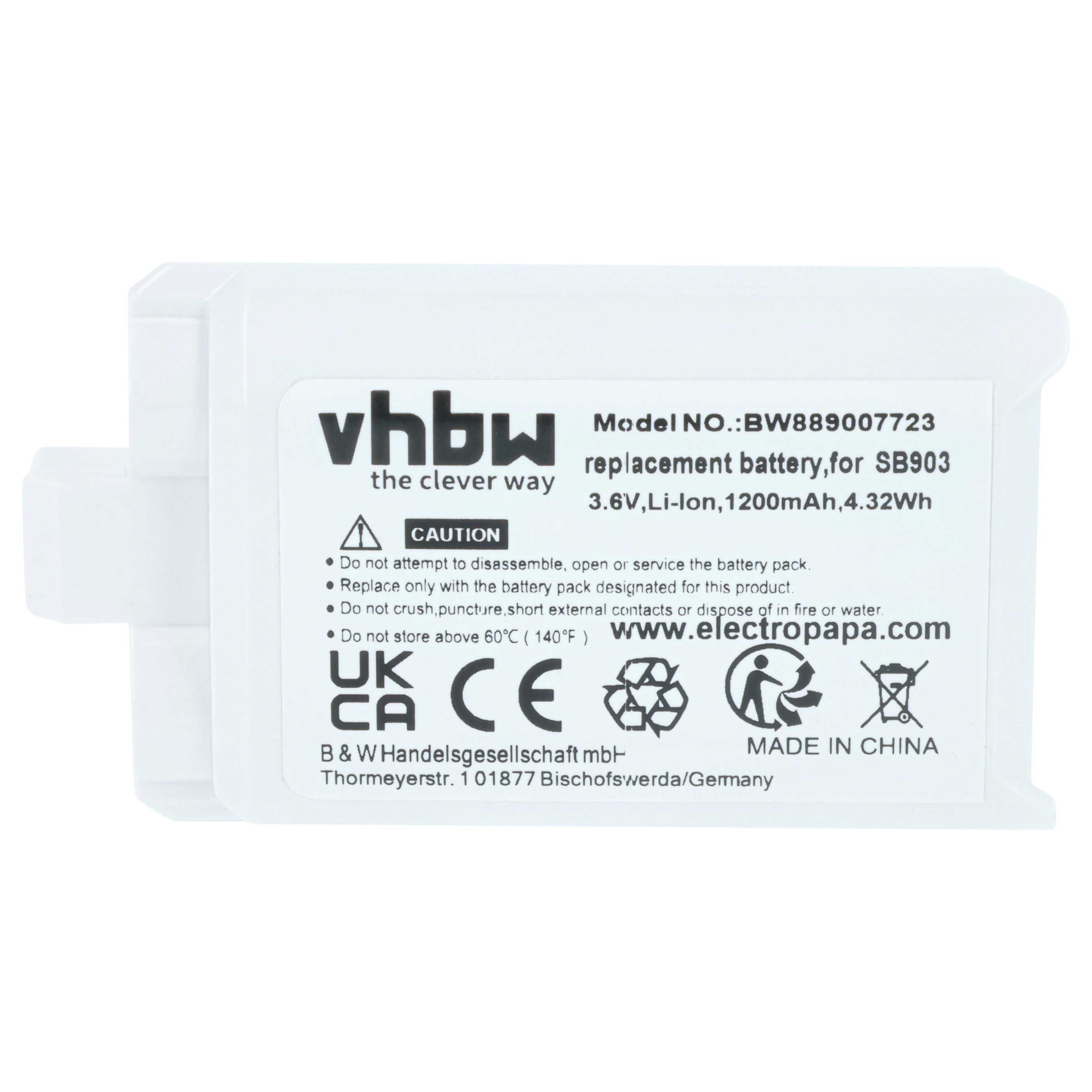 Wei ßer Akku mit Aufkleber und Warnhinweisen für SB903.