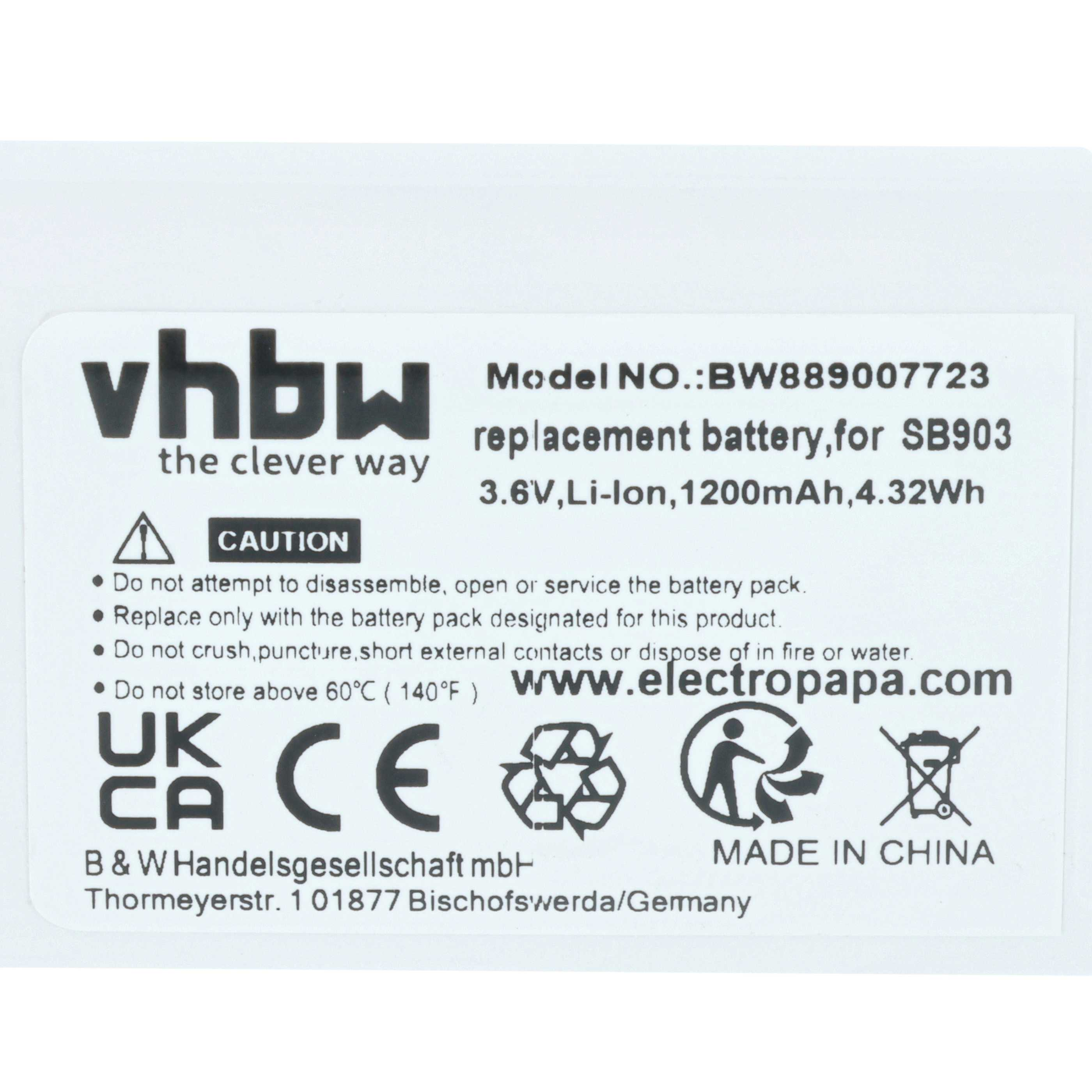 Etikett für Ersatzakku BW889007723, 3,6V, Li-Ion, 1200mAh.