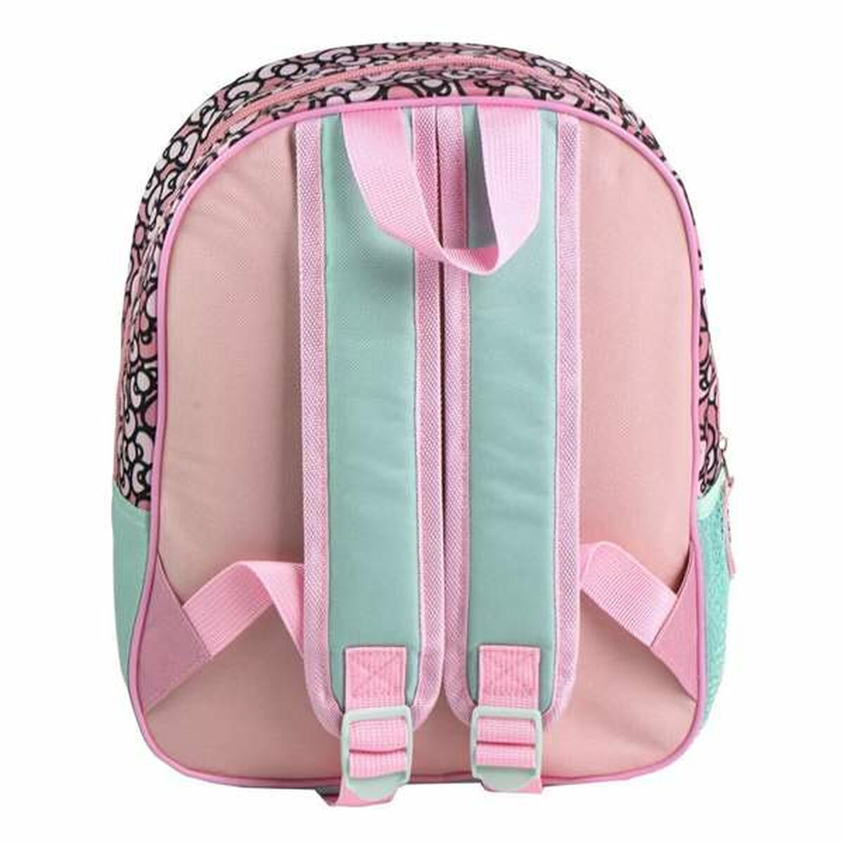 Retro di zaino rosa con spalline verde menta e rosa, stampa animalier.