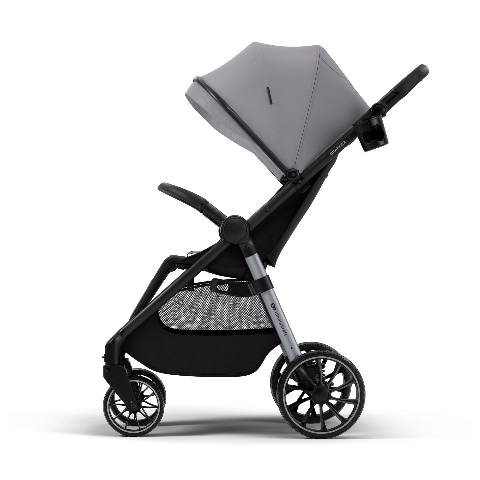 Grauer Kinderwagen mit schwarzem Rahmen, Netzablage und Becherhalter.