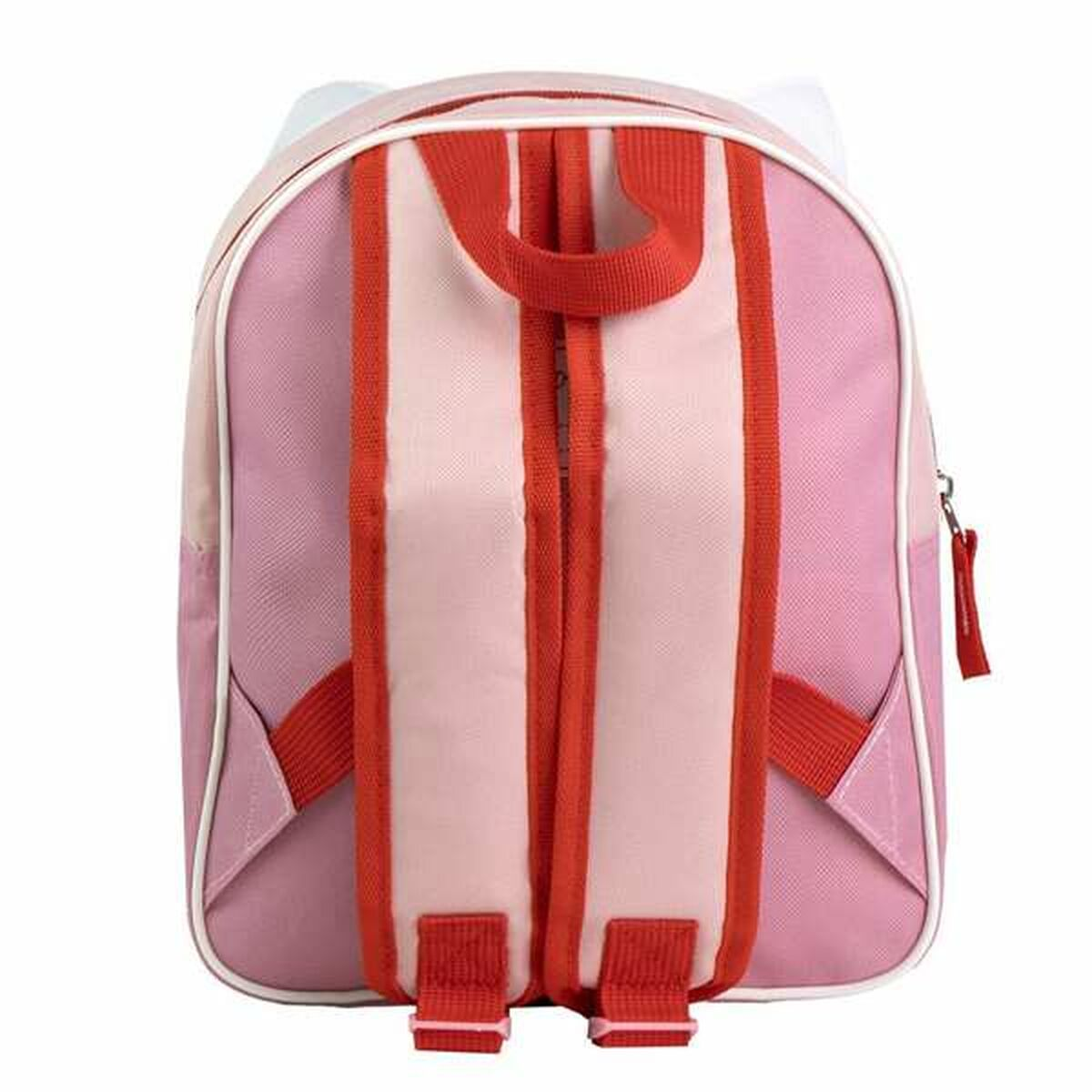 Rückseite eines rosa Rucksacks mit roten Trägern und weißer Paspel.