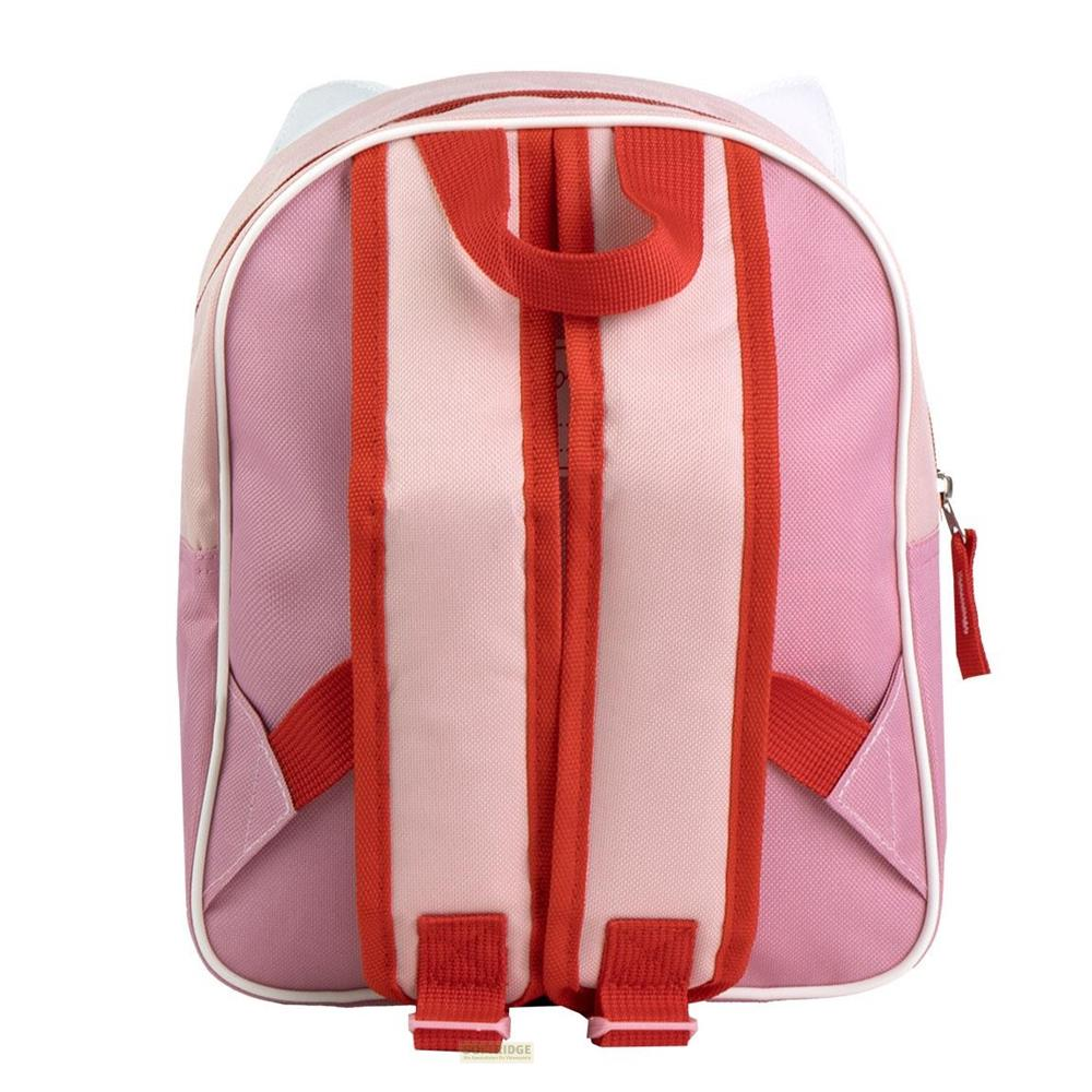 Rückansicht eines rosa und hellrosa Rucksacks mit roten Streifen und Trägern.