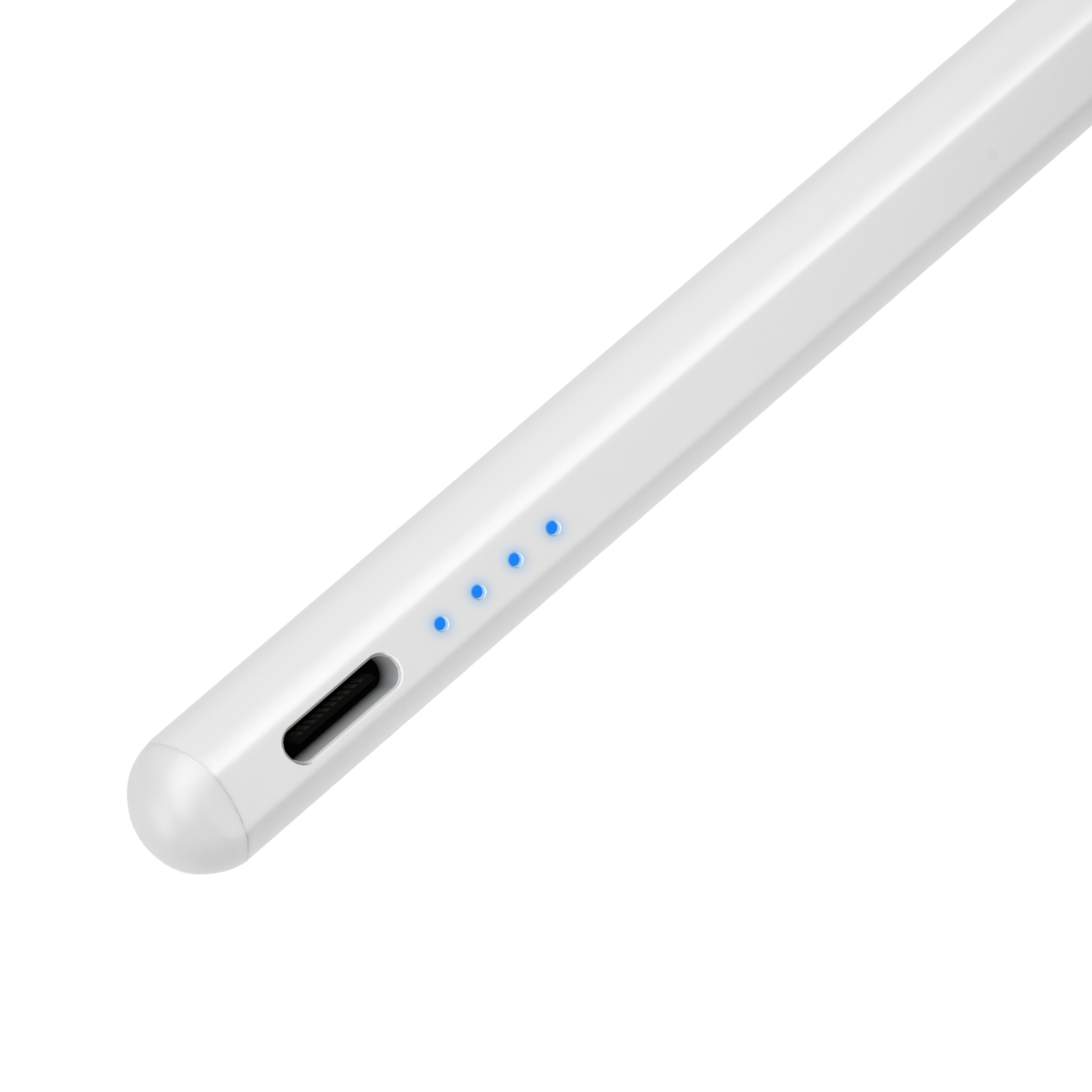 Uno stilo bianco con quattro spie luminose blu e una porta di ricarica.