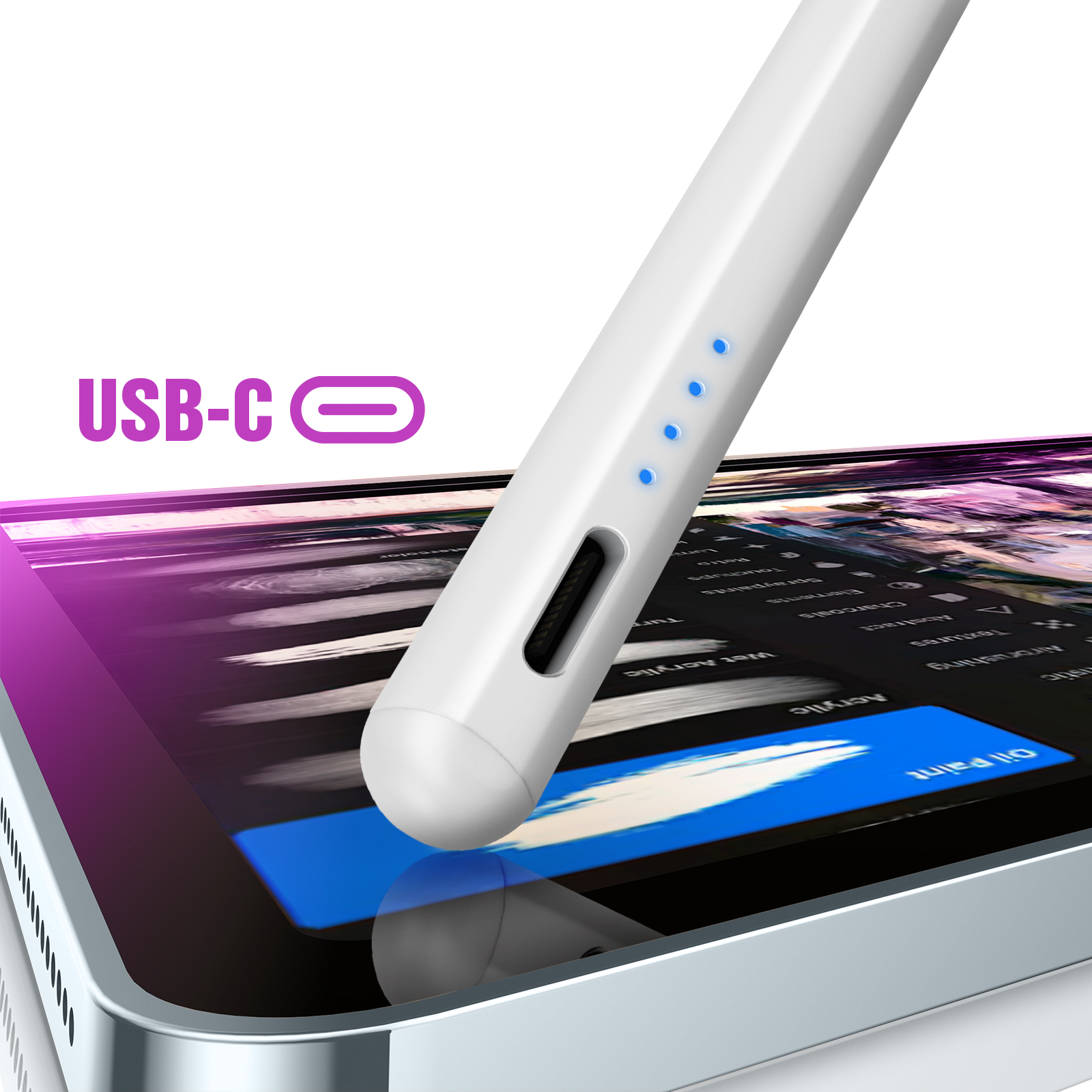 Uno stilo bianco con luci indicatorie blu poggia sullo schermo di un tablet che mostra strumenti artistici.