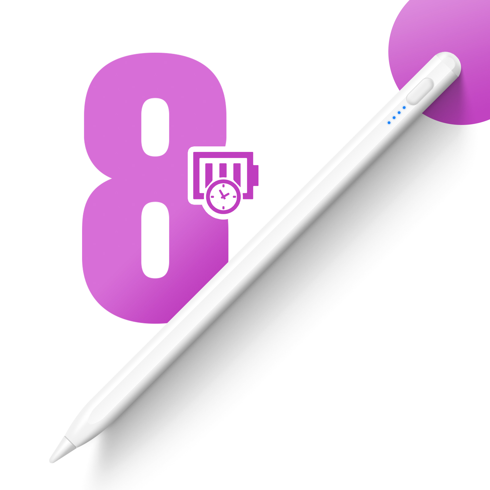 Uno stilo bianco accanto a un grande 8 viola con icona batteria.