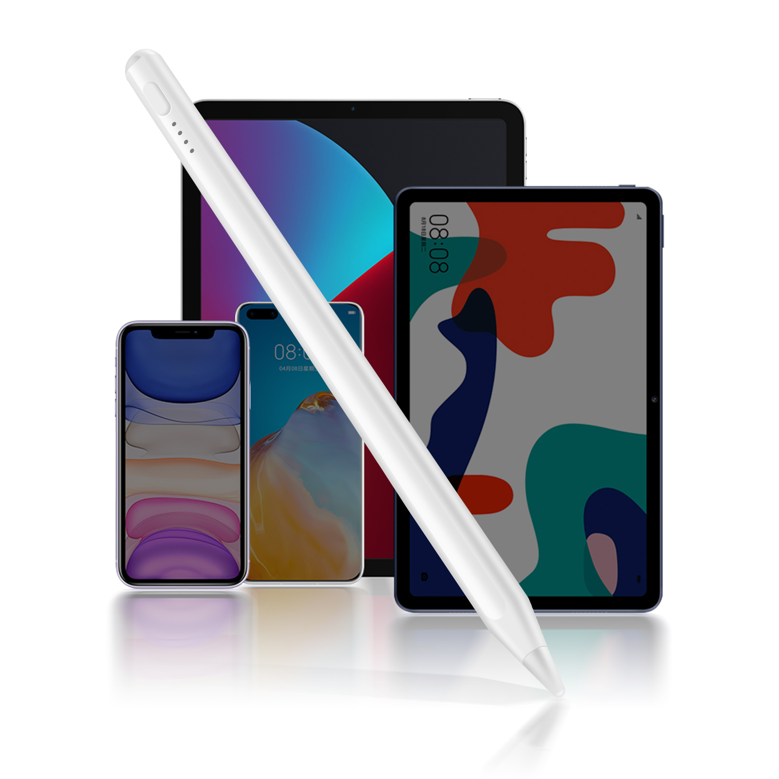 Uno stilo bianco poggia davanti a vari tablet e smartphone.