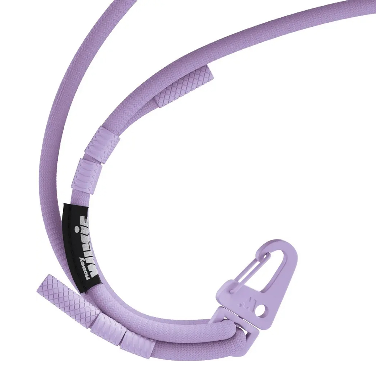 Cordino lavanda con etichetta logo nera e clip a moschettone.