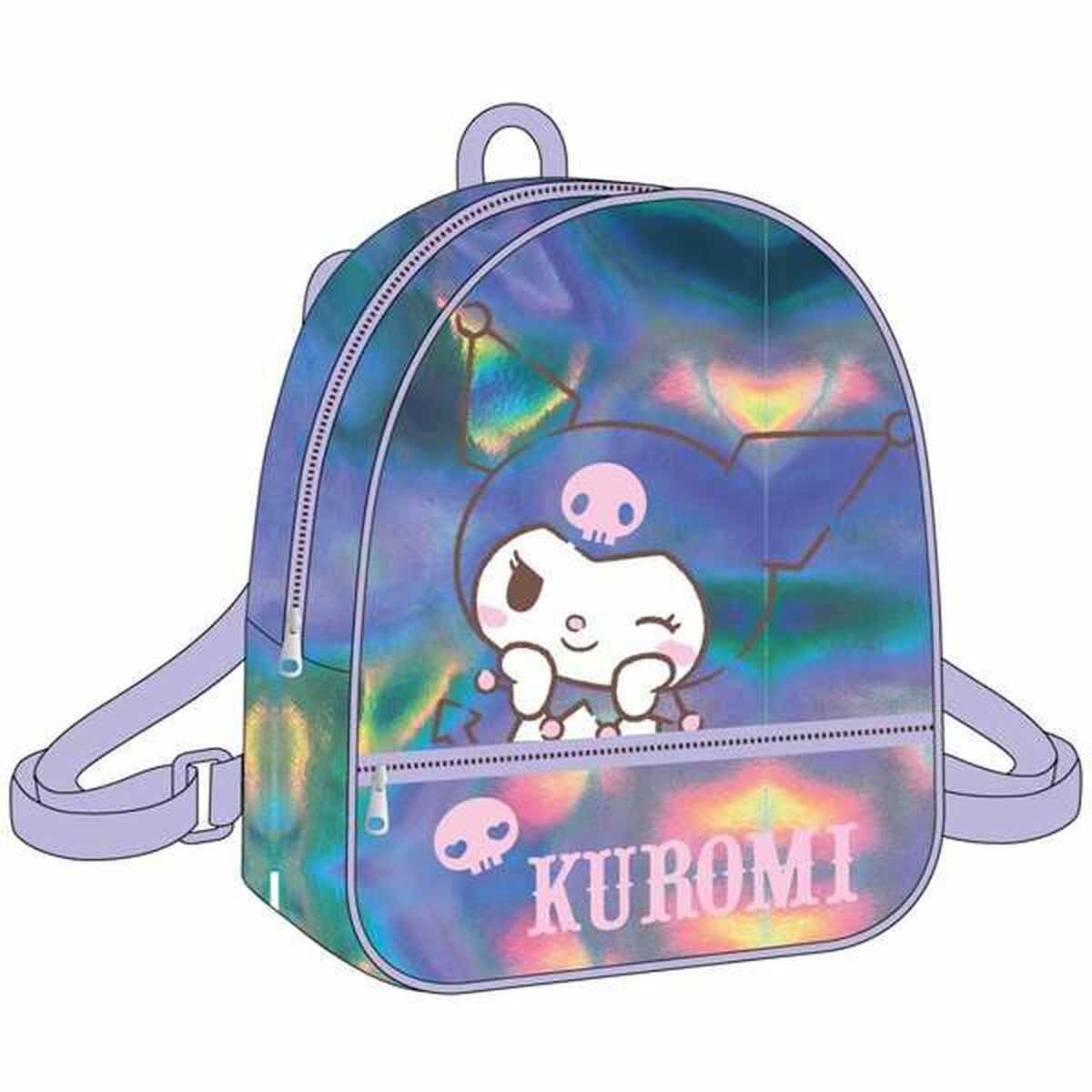 Ein holografischer Rucksack mit Kuromi und Totenkopfmotiv.