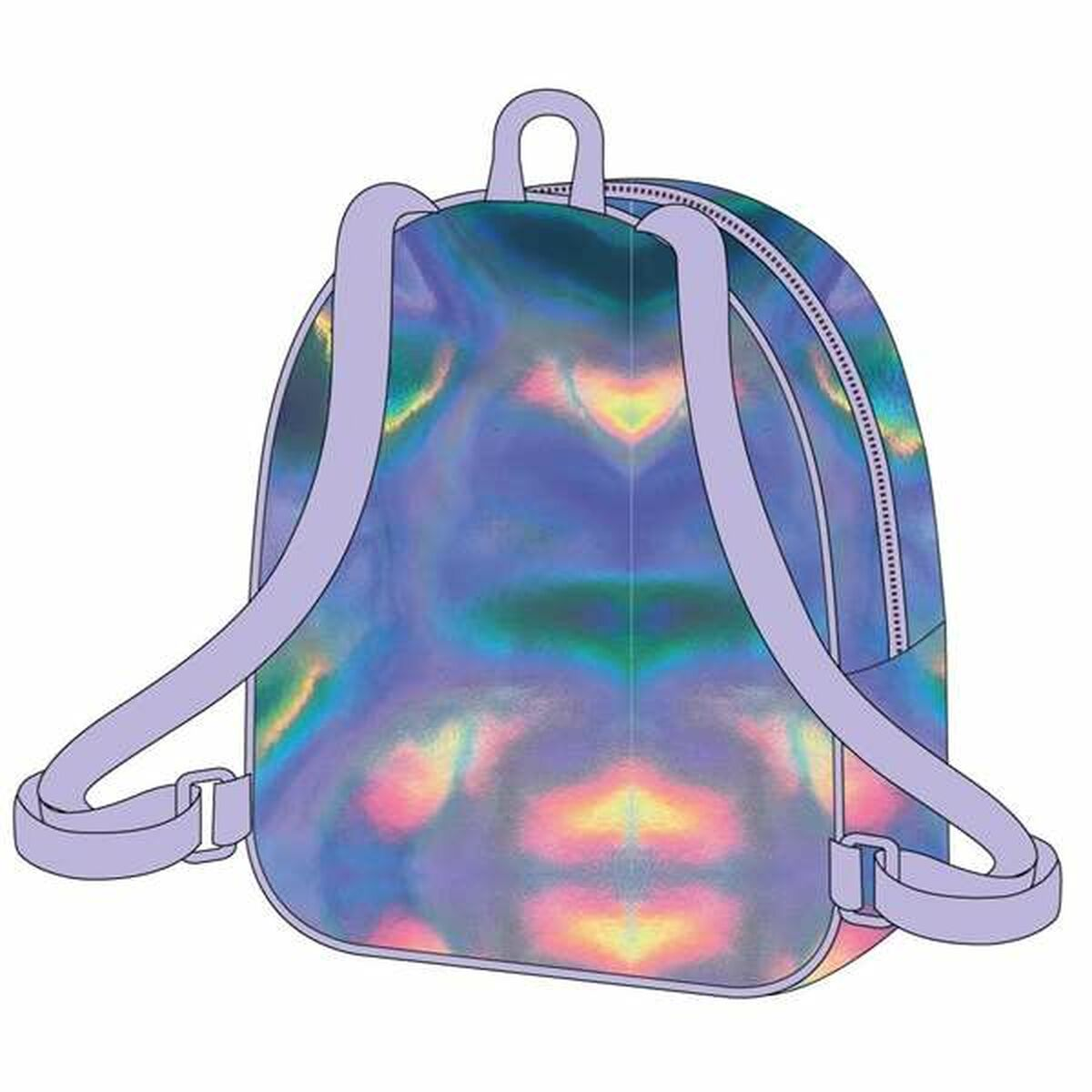 Ein holografischer Rucksack mit lila Trägern und Reißverschluss.
