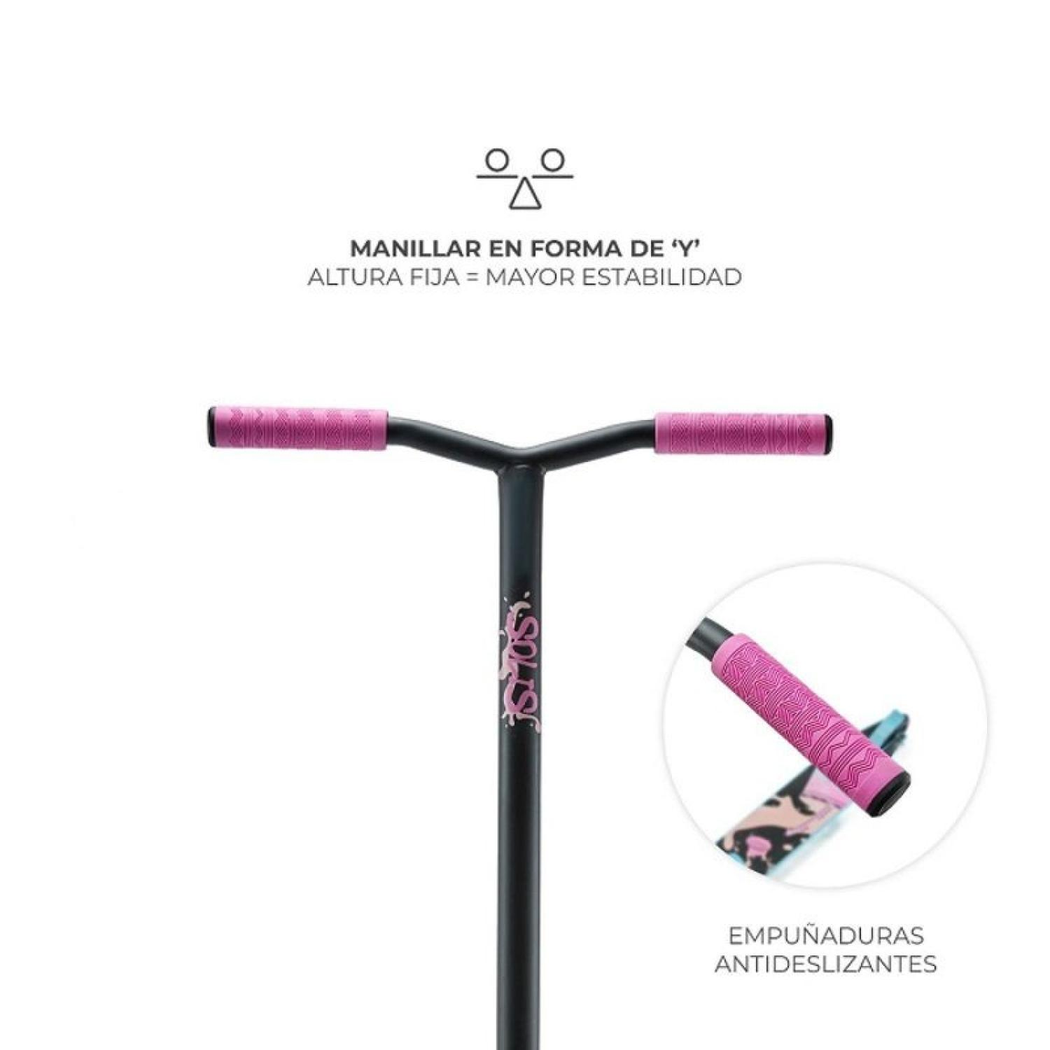 Ein Y-förmiger Lenker mit pinken Griffen und rutschfester Textur.