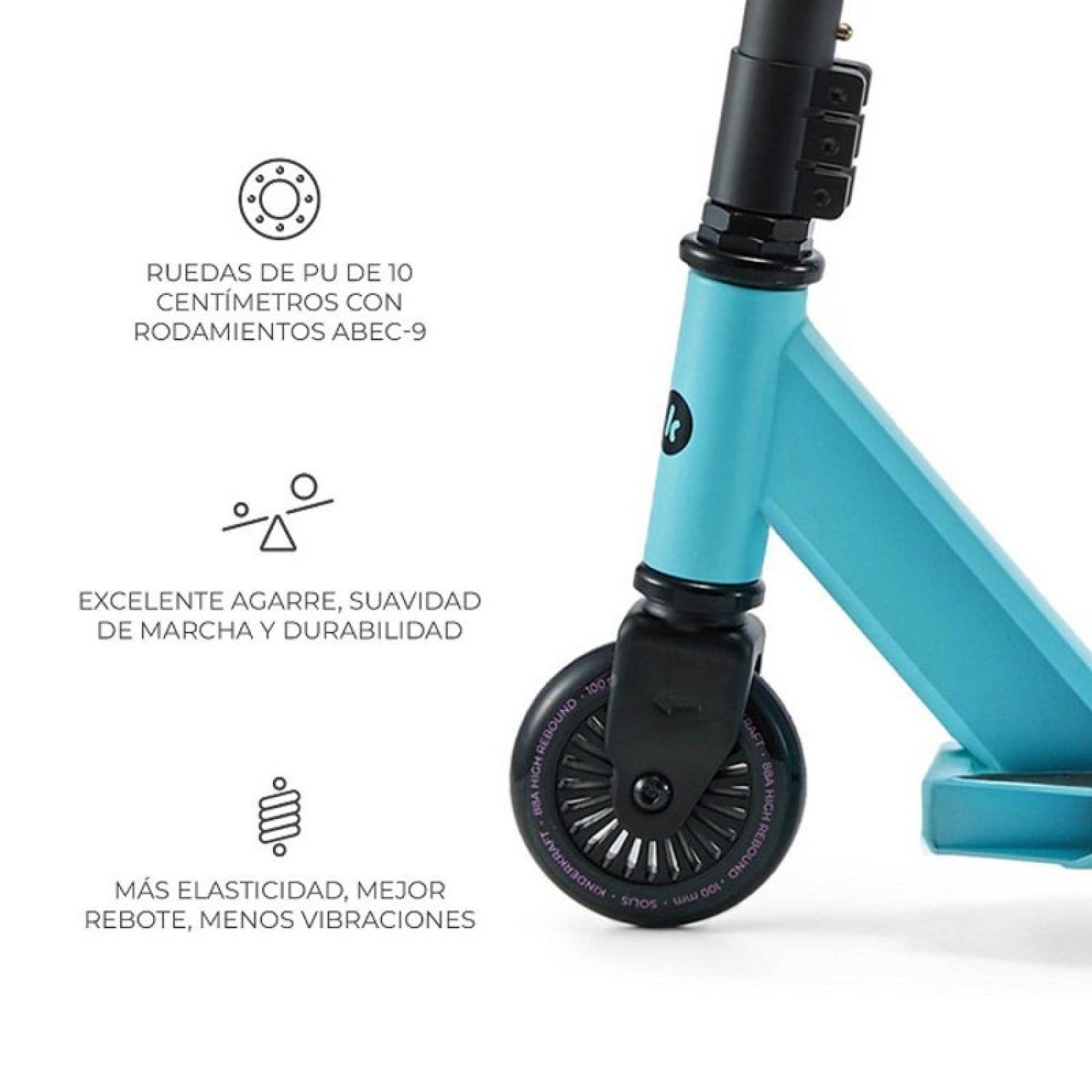 Blauer Roller mit PU-Rädern, Text über Griff, Elastizität und Stoßdämpfung.