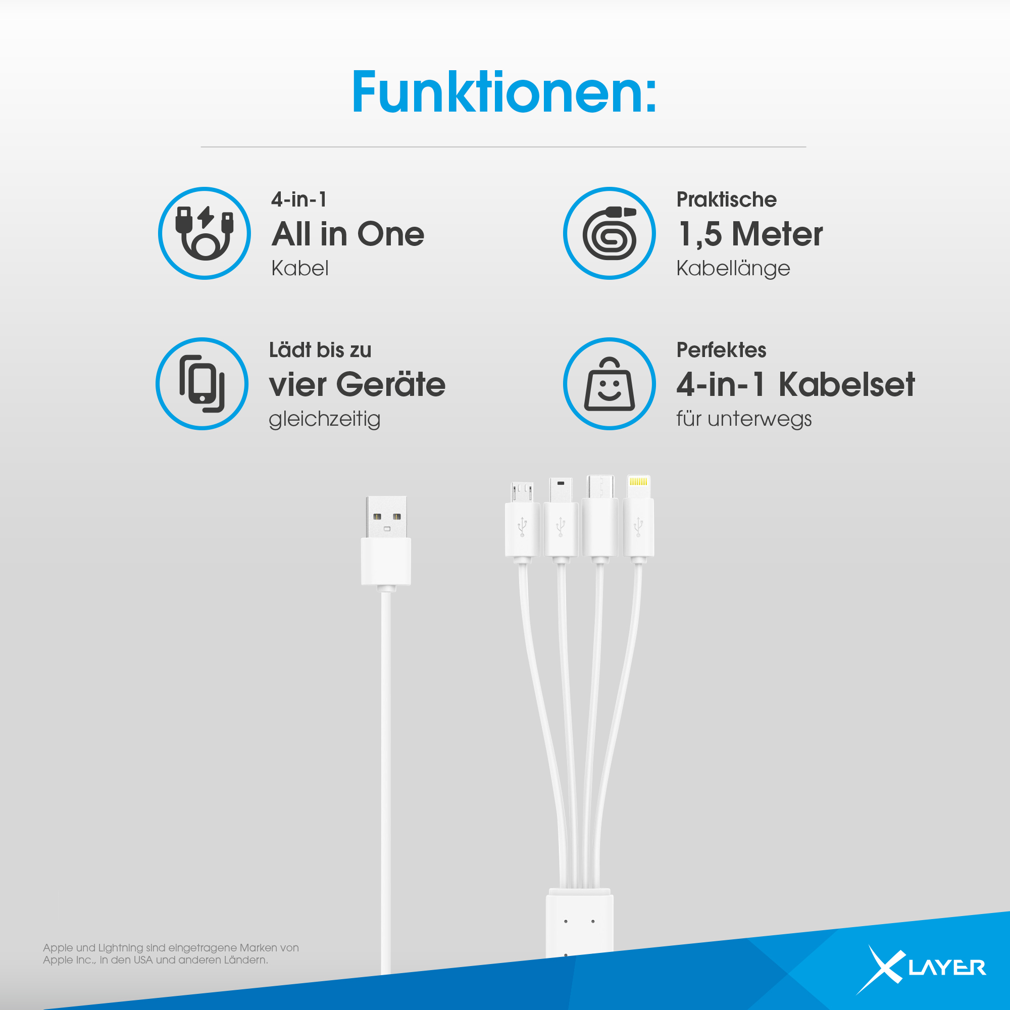 Vier weiße Ladekabel mit verschiedenen Anschlüssen und Icons, die Funktionen erklären.