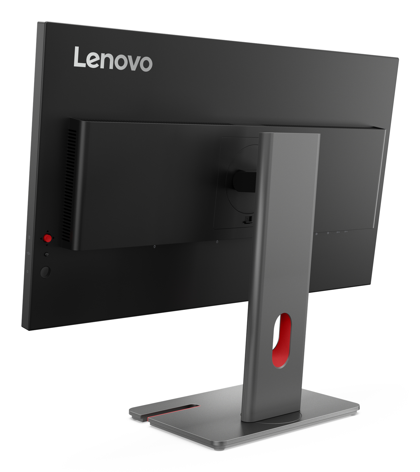 Tył czarnego monitora Lenovo z szarą podstawą i czerwonym otworem akcentującym.