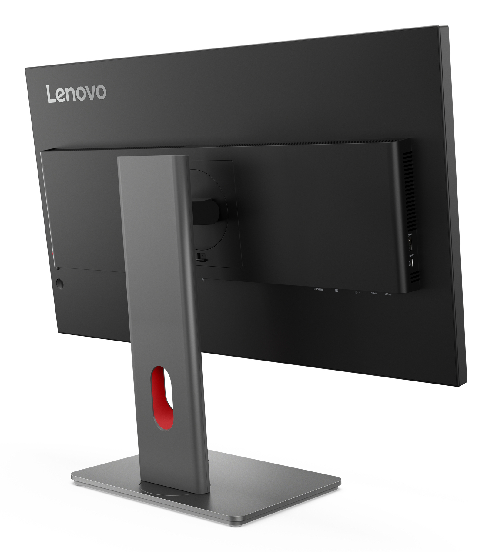 Tył czarnego monitora Lenovo z szarą podstawą i czerwonym otworem.