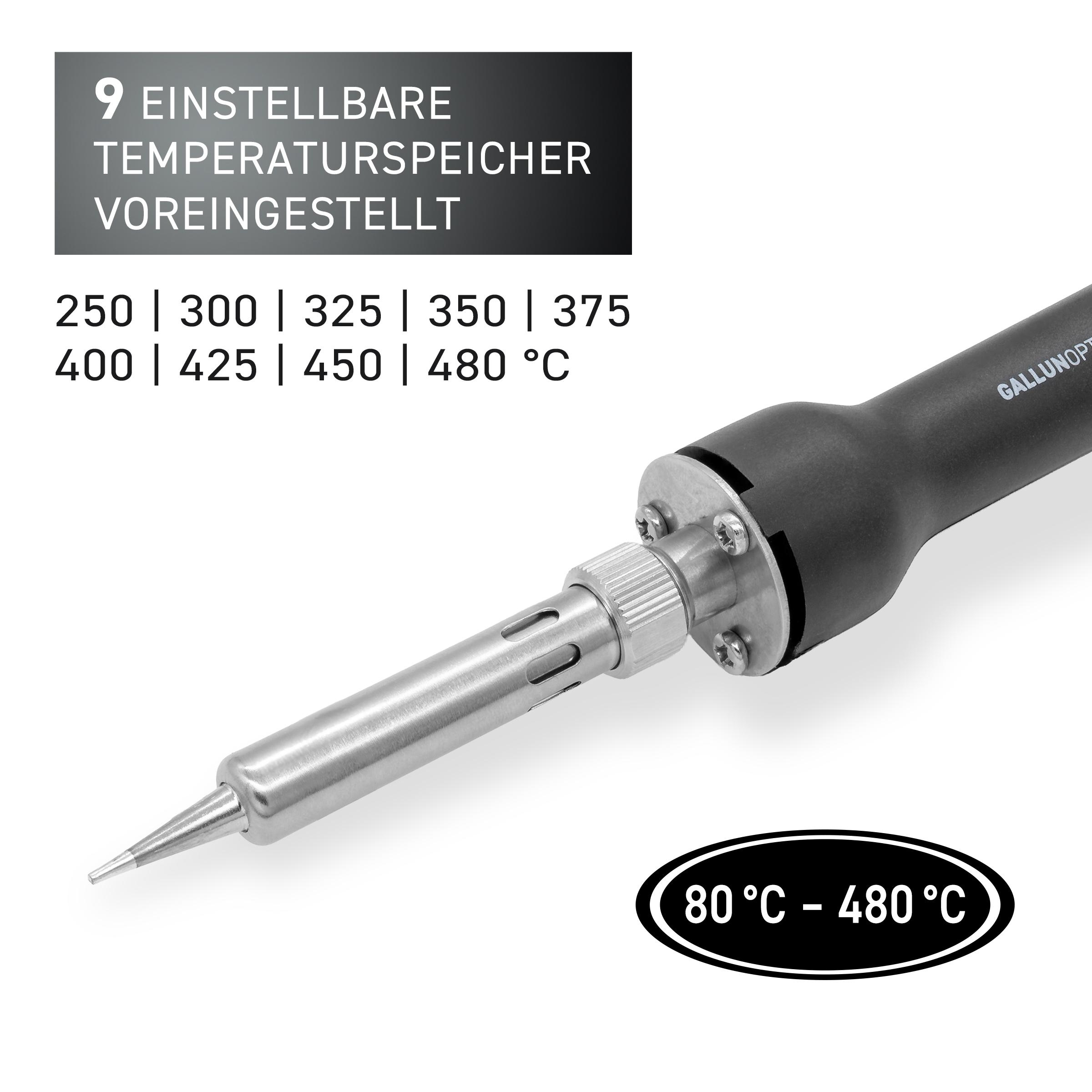 Lötkolben mit Temperaturanzeige und Einstellungen von 80-480°C.