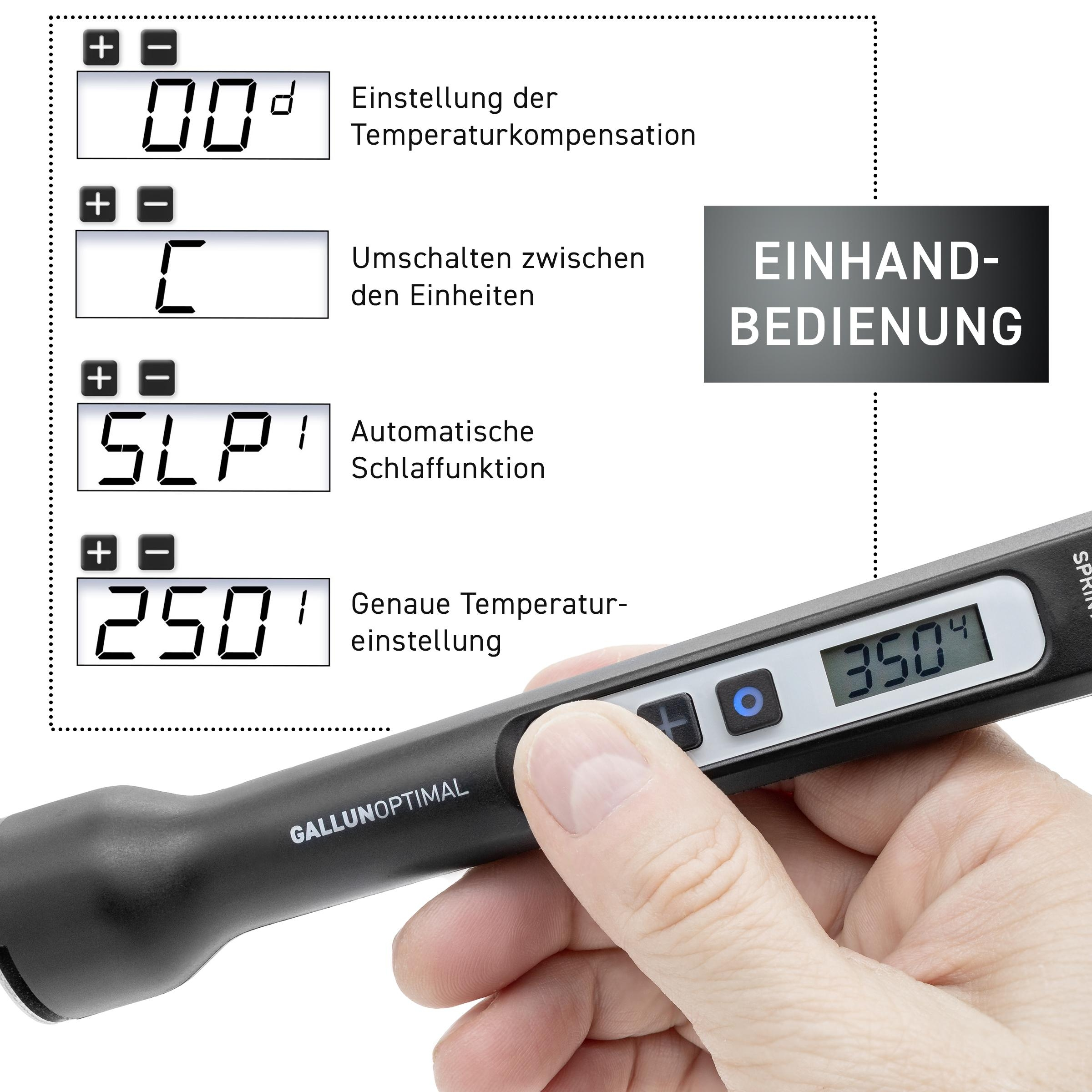 Digitalthermometer mit Anzeige für Temperaturkompensation, Einheiten und Schlafmodus.